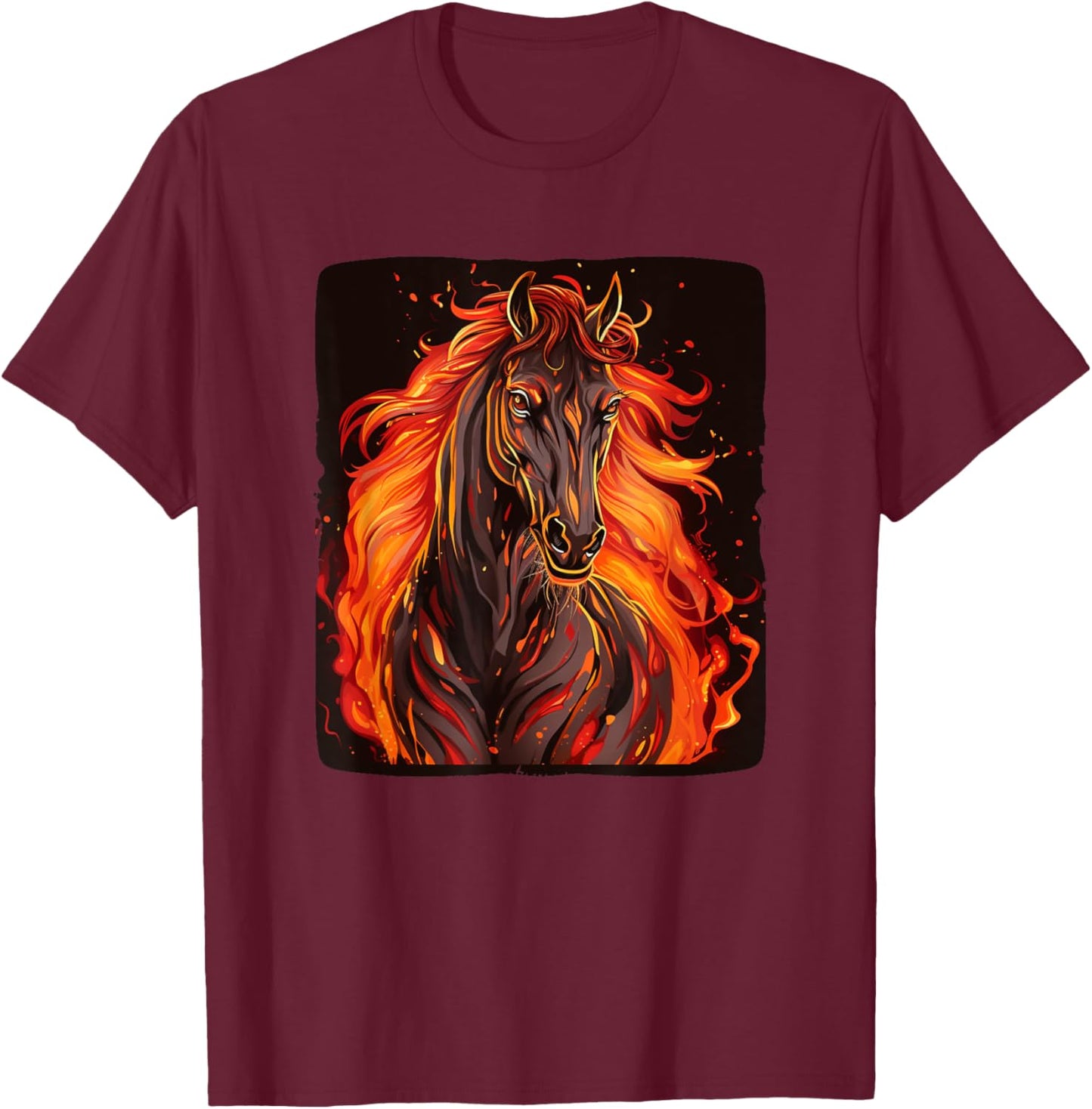 Cool horse with fire and flames for horses and animals fans T-Shirt - T-Shirt | Maroon