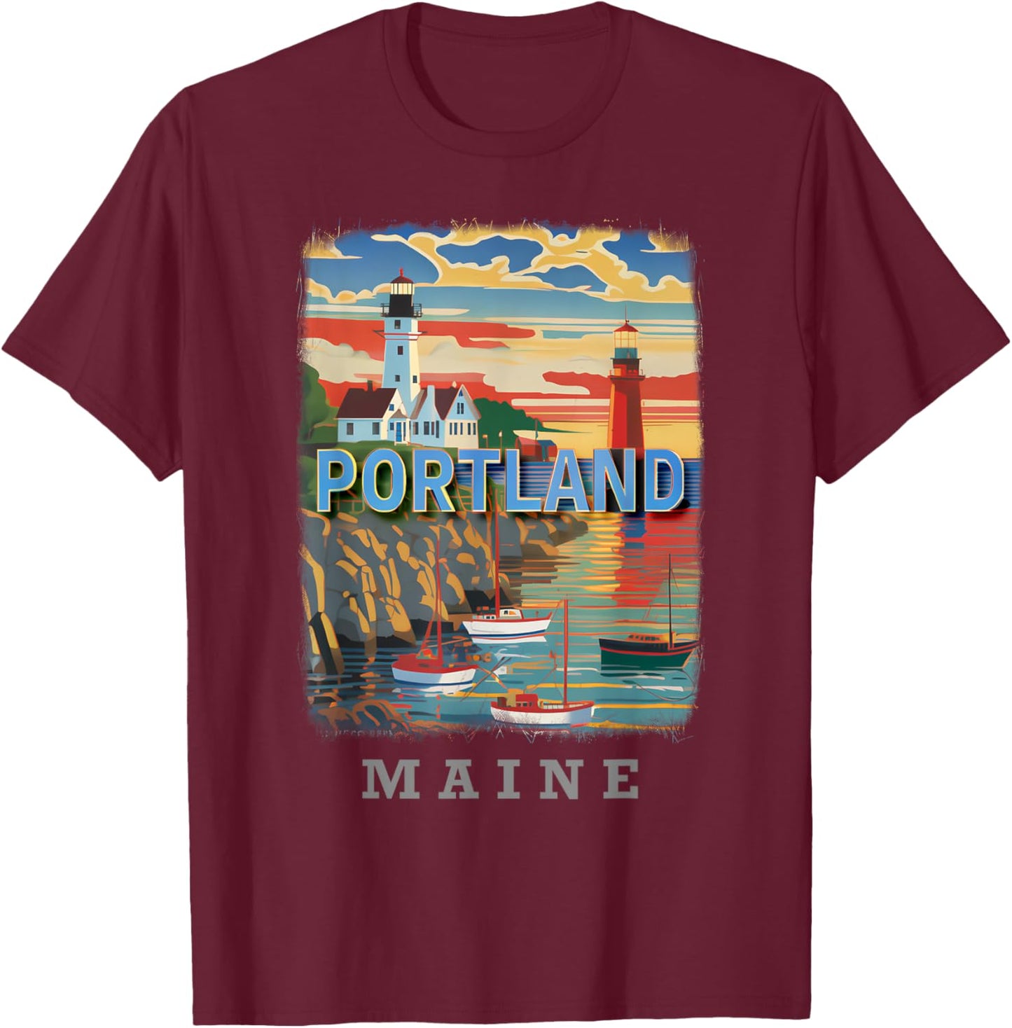 Portland Maine ME Coastal Charm SD719 T-Shirt - T-Shirt | Maroon