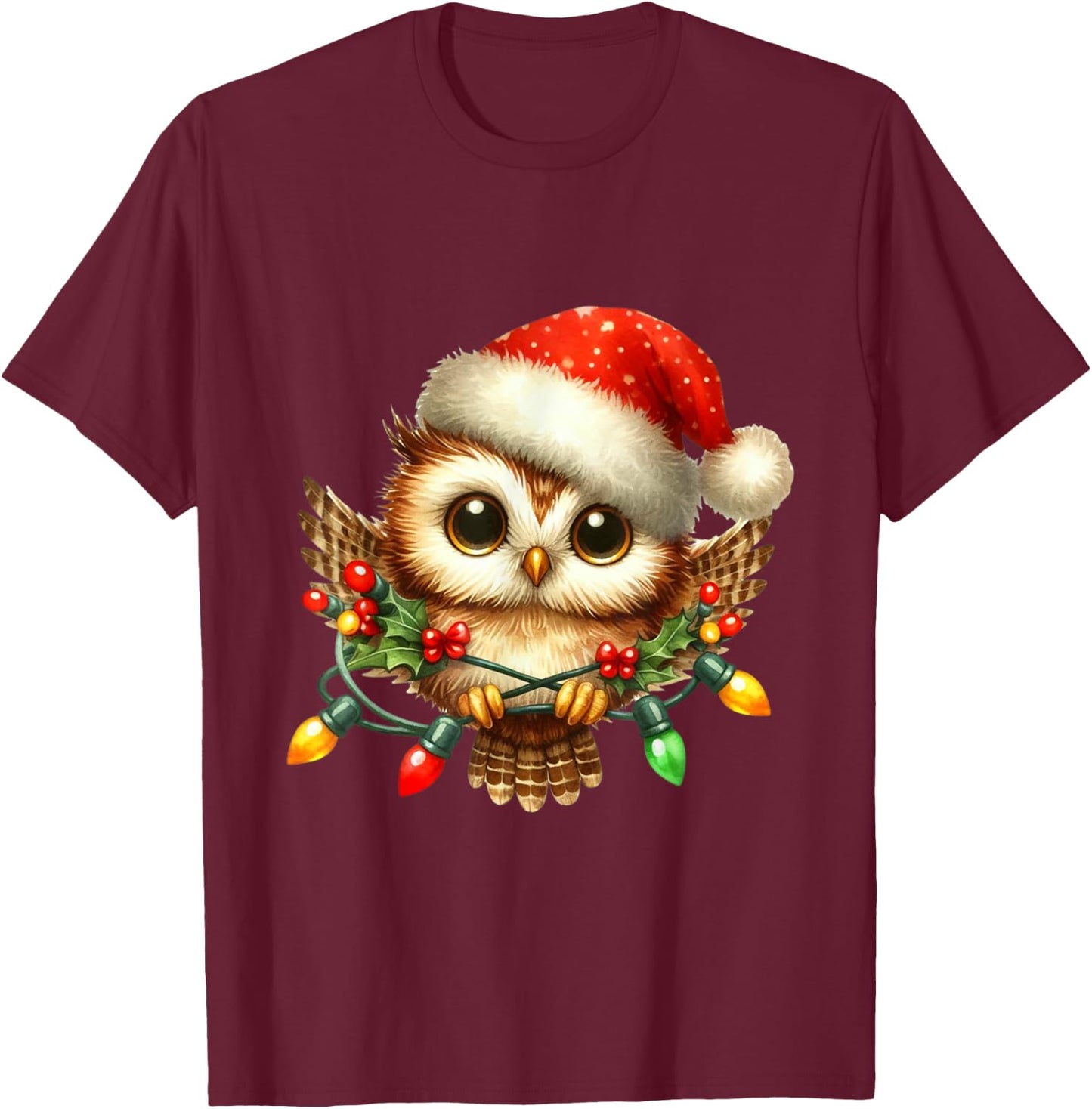 Owl Christmas Lights Santa Hat Xmas Owl Lover T-Shirt - T-Shirt | Maroon