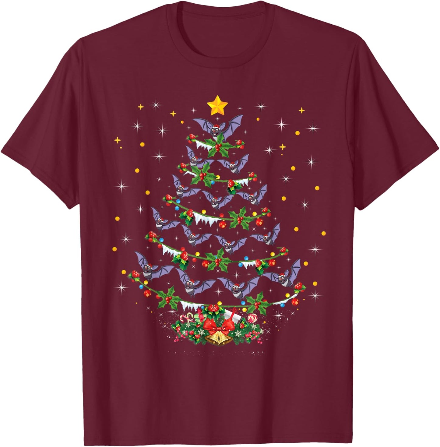 Funny Santa Bat Bird Xmas Gift Bat Christmas Tree T-Shirt - T-Shirt | Maroon