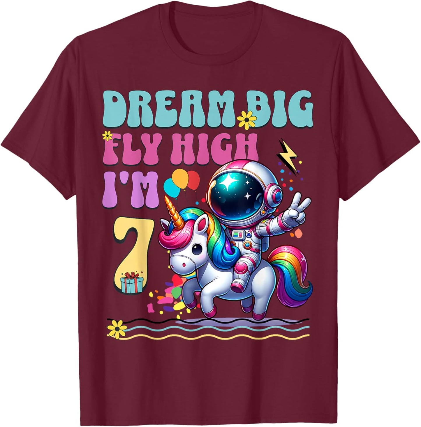 Astronaut Unicorn 7th Birthday 7 Years Space Galaxy T-Shirt - T-Shirt | Maroon