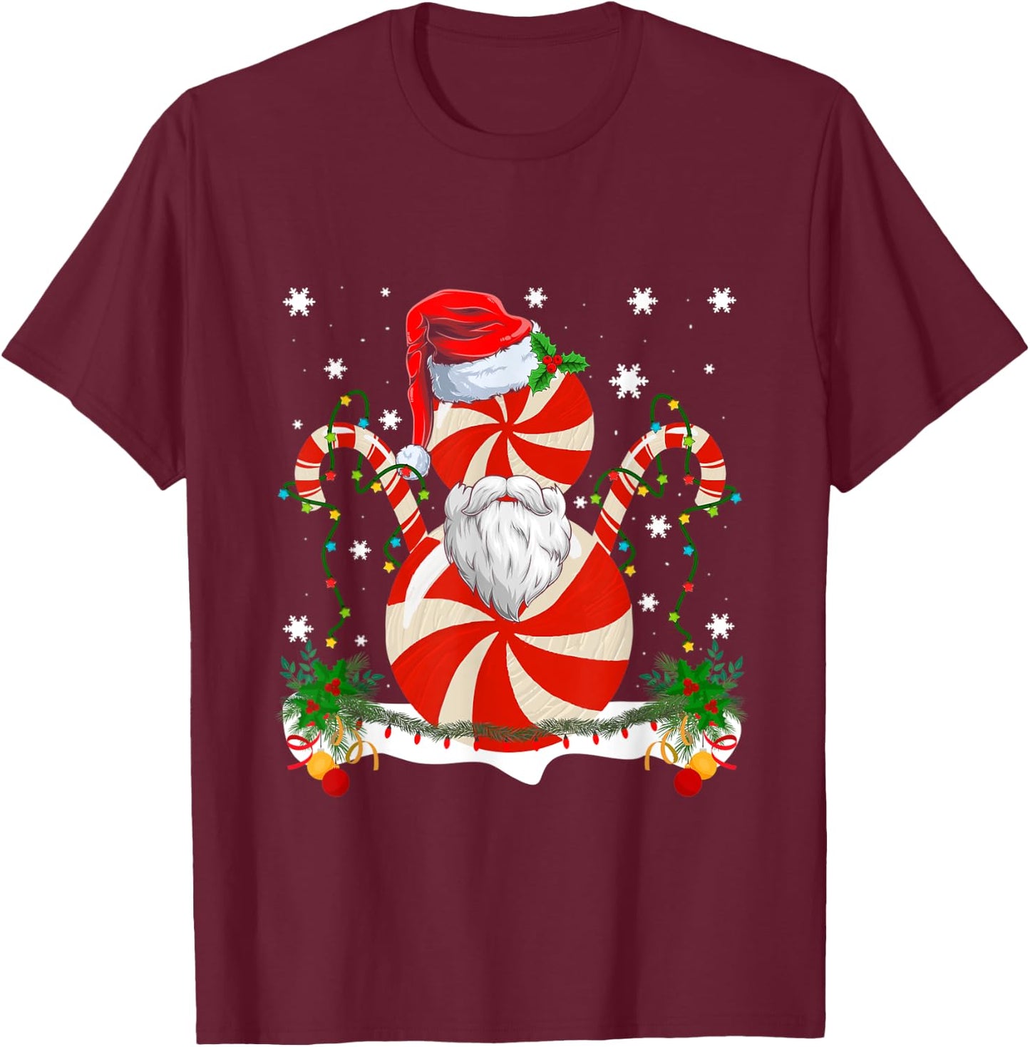 Funny Christmas Peppermint Candy Cane Snowman Decoration T-Shirt - T-Shirt | Maroon