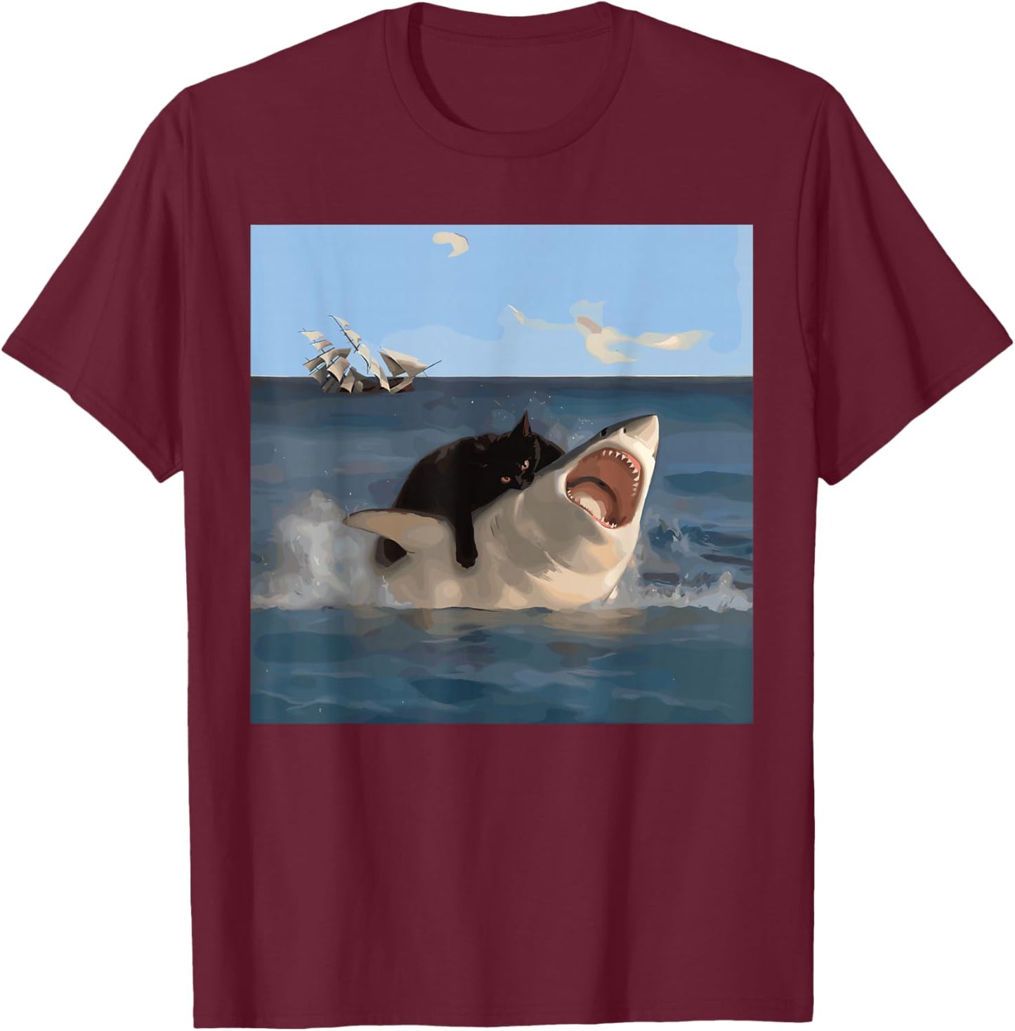 Funny Shark Biting Cat and Shark , Black, S T-Shirt - T-Shirt | Maroon