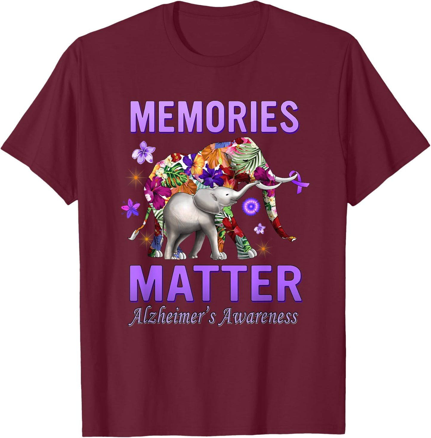 Alzheimers Awareness Memories Matter Purple Elephant T-Shirt - T-Shirt | Maroon