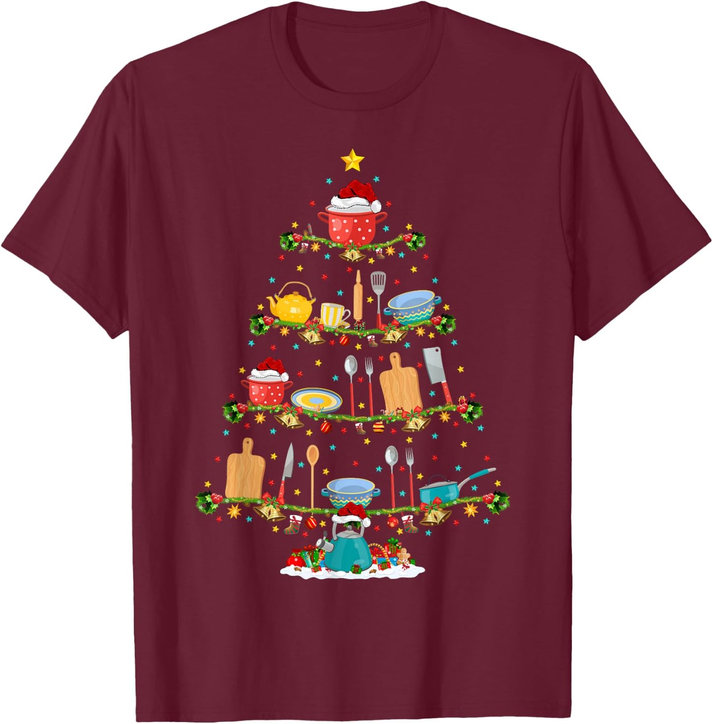Cooking Lover Lights Xmas Santa Cooking Christmas Tree T-Shirt - T-Shirt | Maroon