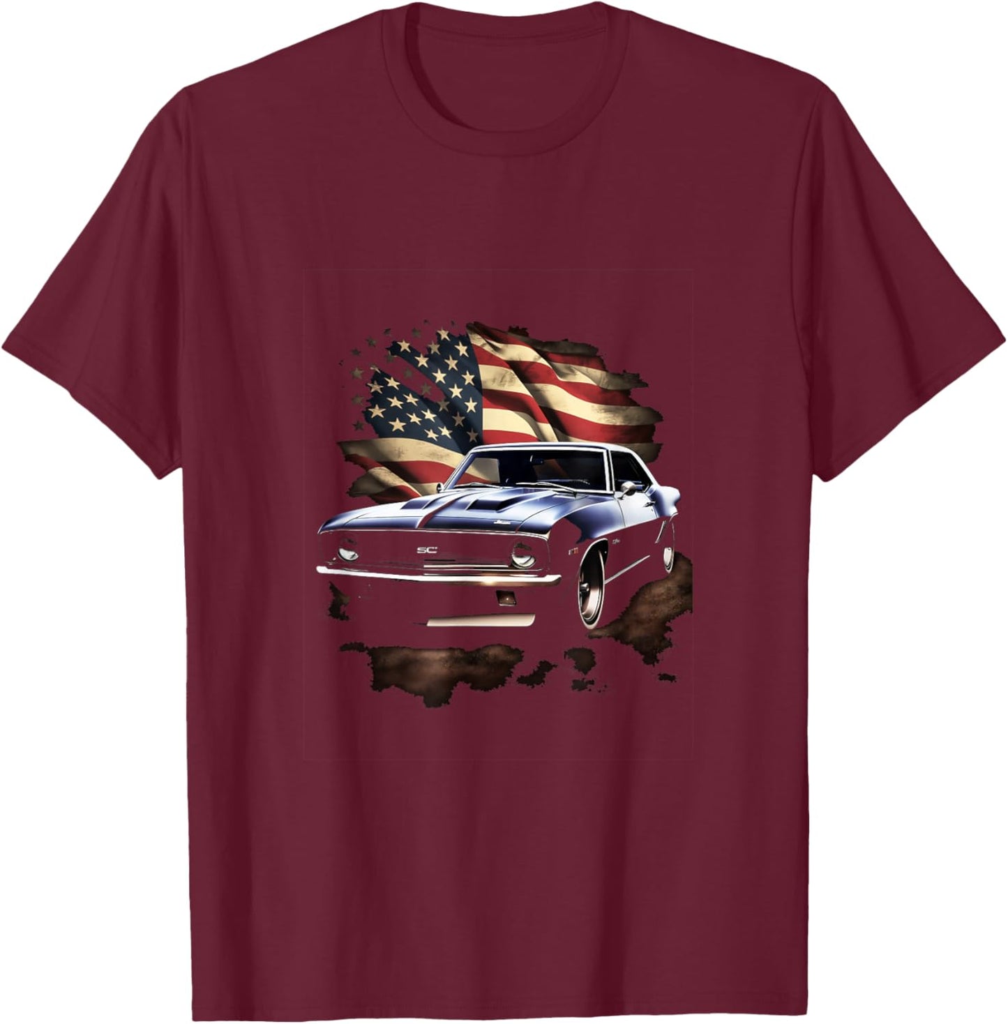 Muscle Car American USA Flag Vintage Car T-Shirt - T-Shirt | Maroon