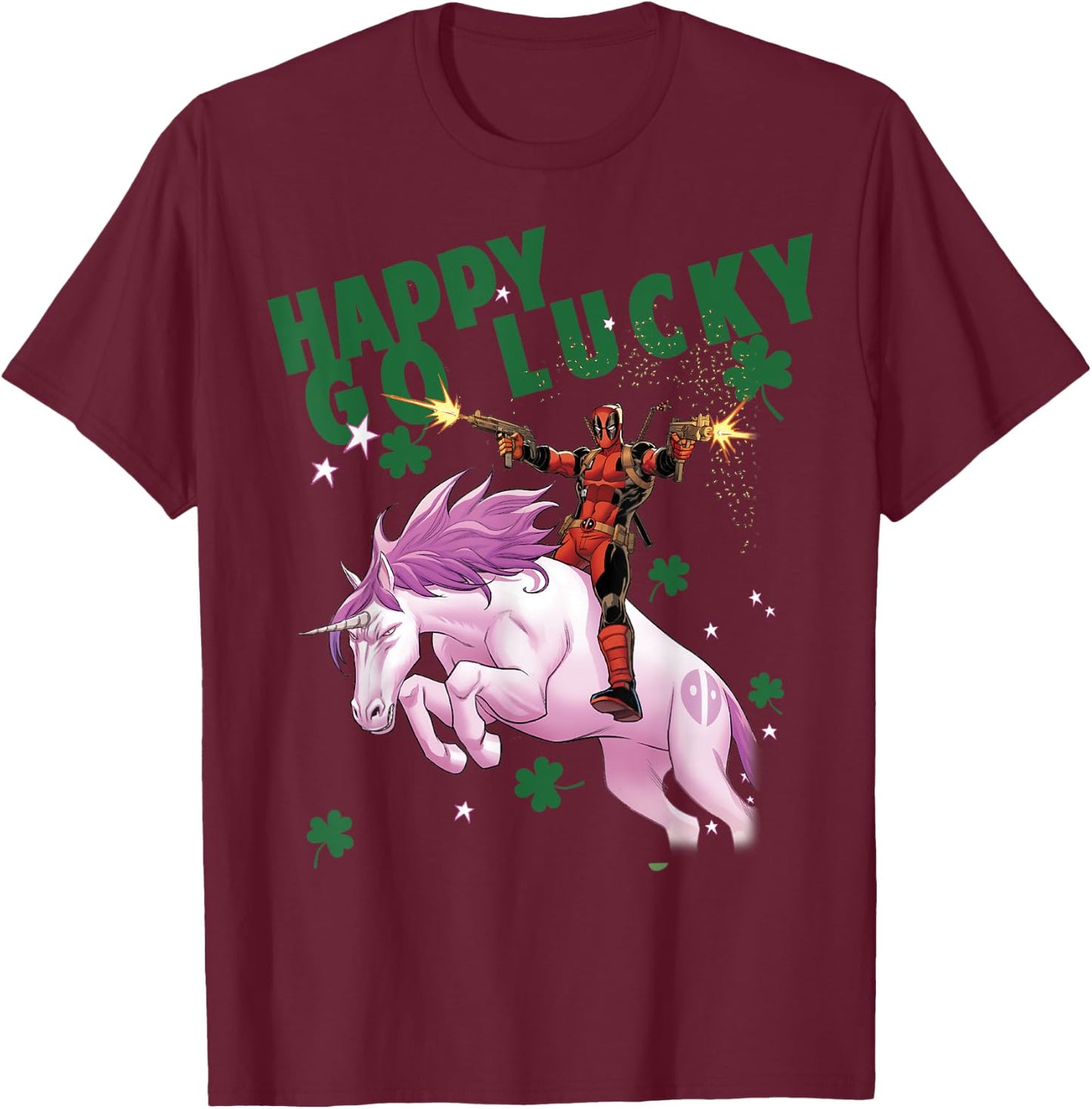 Marvel Deadpool Happy Go Lucky Magical Unicorn T-Shirt - T-Shirt | Maroon