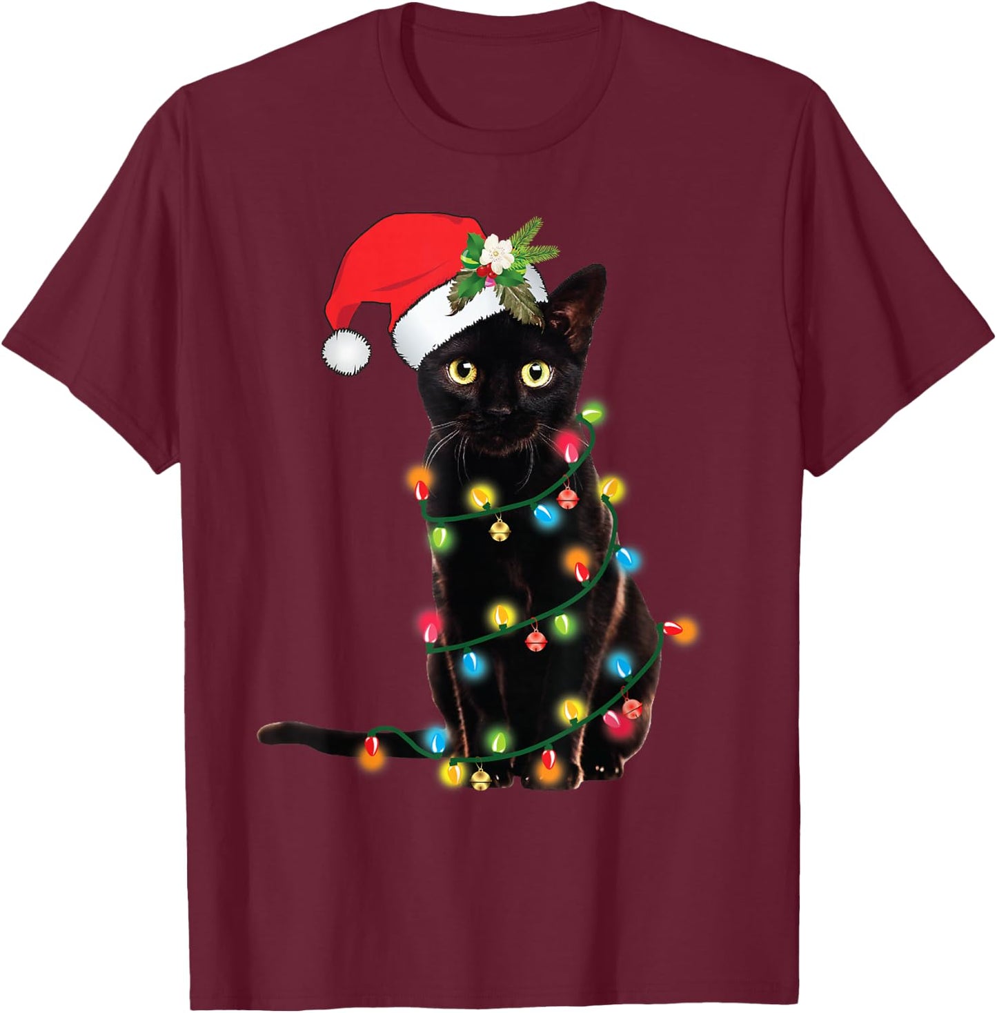 Santa Black Cat Tangled Up In Christmas Tree Lights T-Shirt - T-Shirt | Maroon