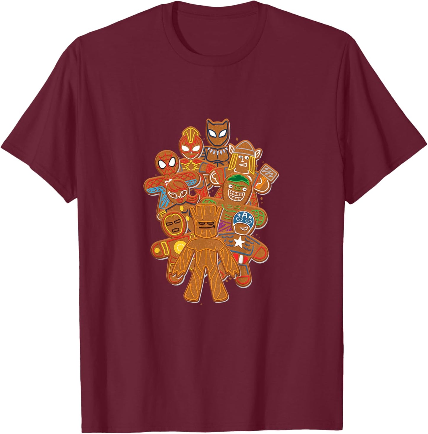 Kids Marvel Avengers Christmas Super Hero Gingerbread Cookies T-Shirt - T-Shirt | Maroon