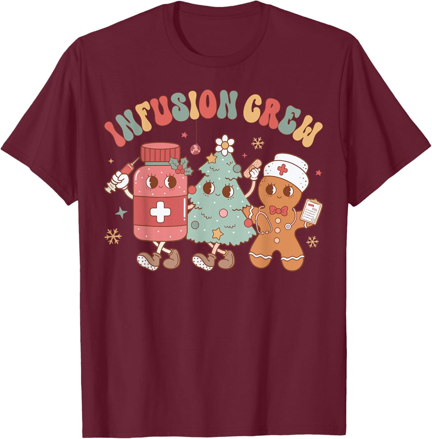 Infusion Nurse Crew Tree Gingerbread Christmas Nurse Retro T-Shirt - T-Shirt | Maroon
