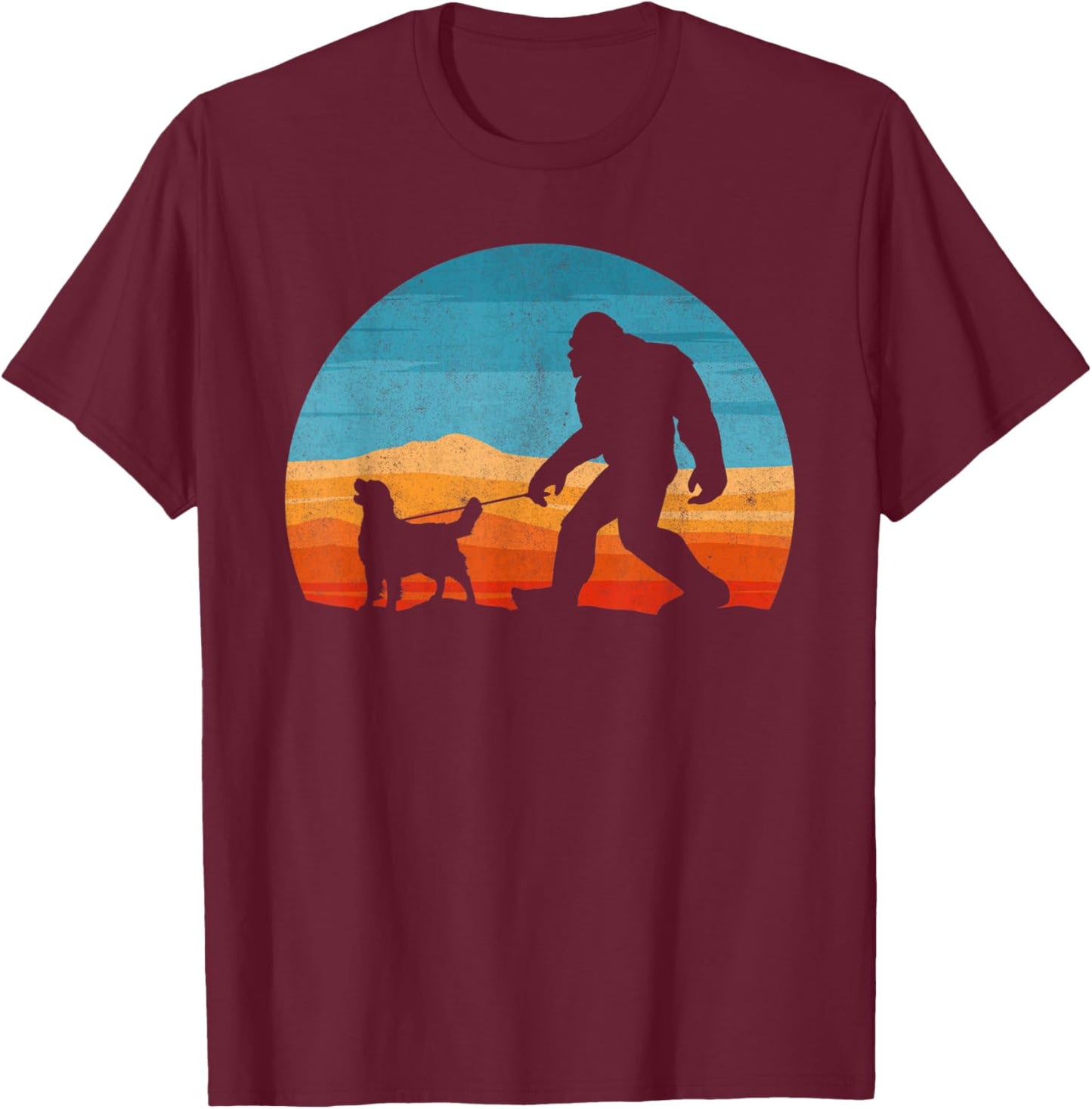 Bigfoot Walking Golden Retriever Dog Retro Sasquatch Women Kids T-Shirt - T-Shirt | Maroon
