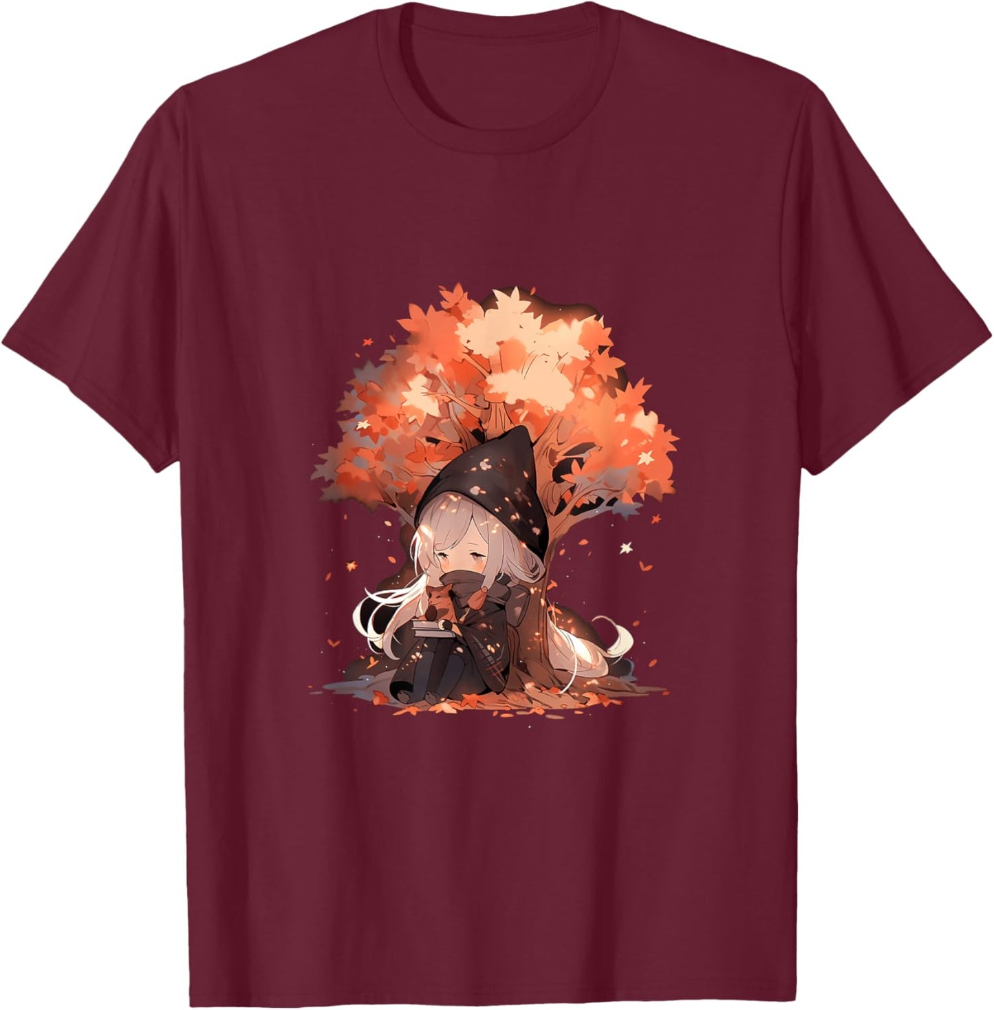 Chibi Girls Autumn Leaves Anime Kawaii Thanksgiving T-Shirt - T-Shirt | Maroon