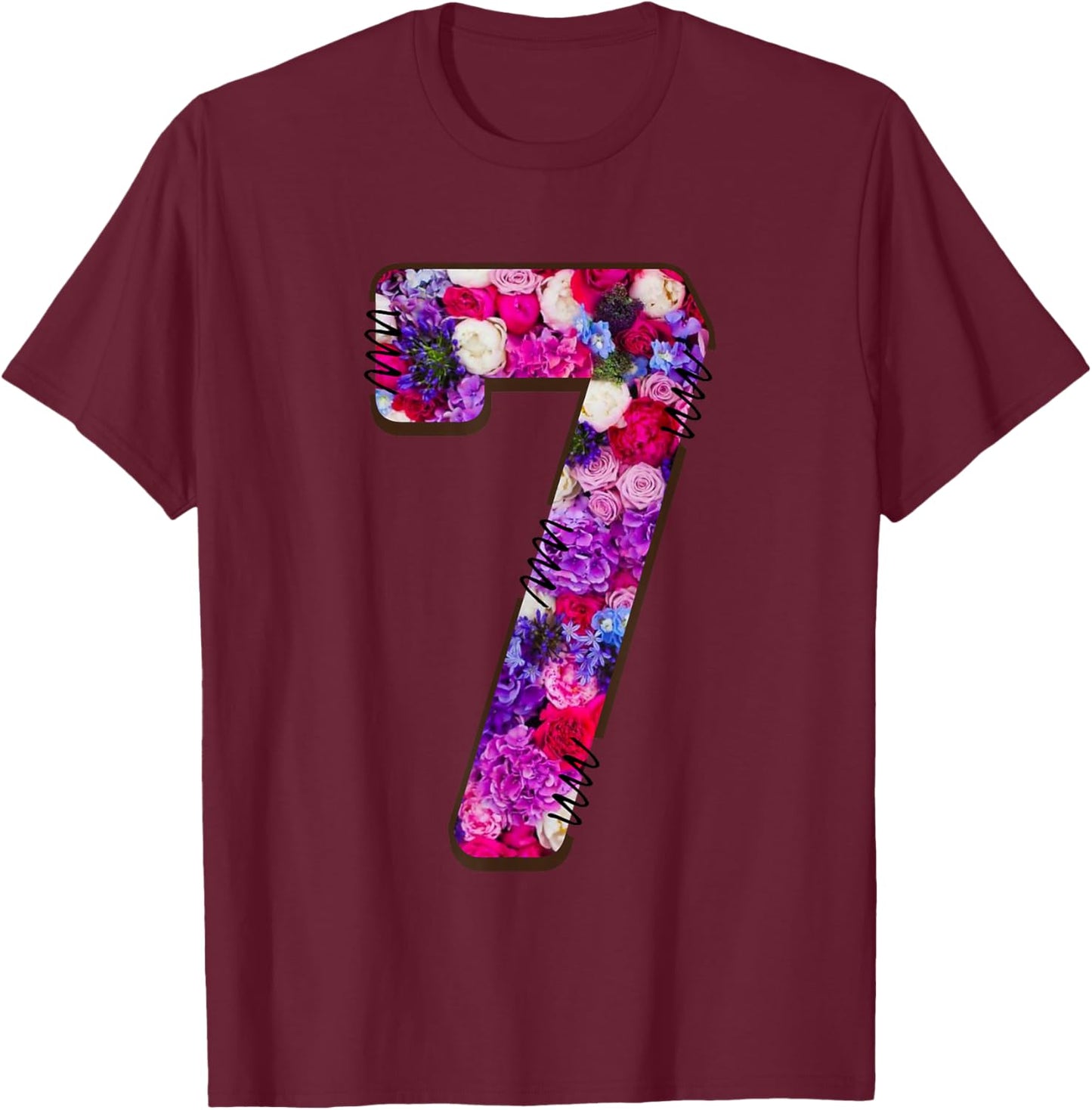 Seven Blossoms Floral Number Seven T-Shirt - T-Shirt | Maroon