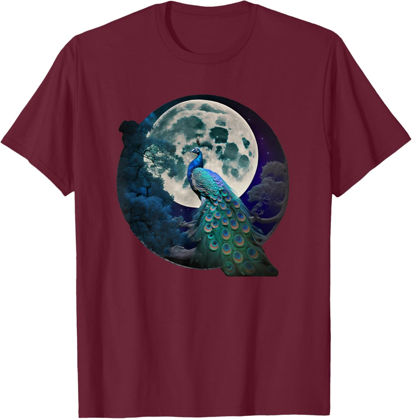 beautiful Majestic Peacock in the moonlight T-Shirt - T-Shirt | Maroon