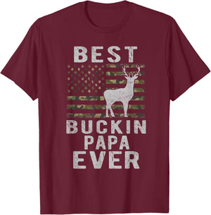 Best Bucking Papa Ever Camouflage American Flag Deer Hunting T-Shirt - T-Shirt | Maroon