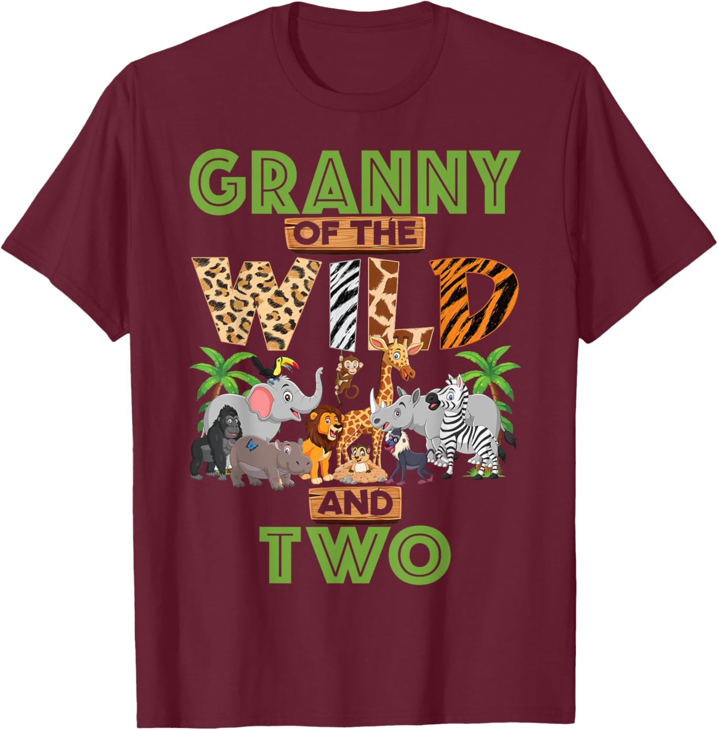2nd Birthday Zoo Safari Jungle Granny Of The Wild and Two T-Shirt - T-Shirt | Maroon