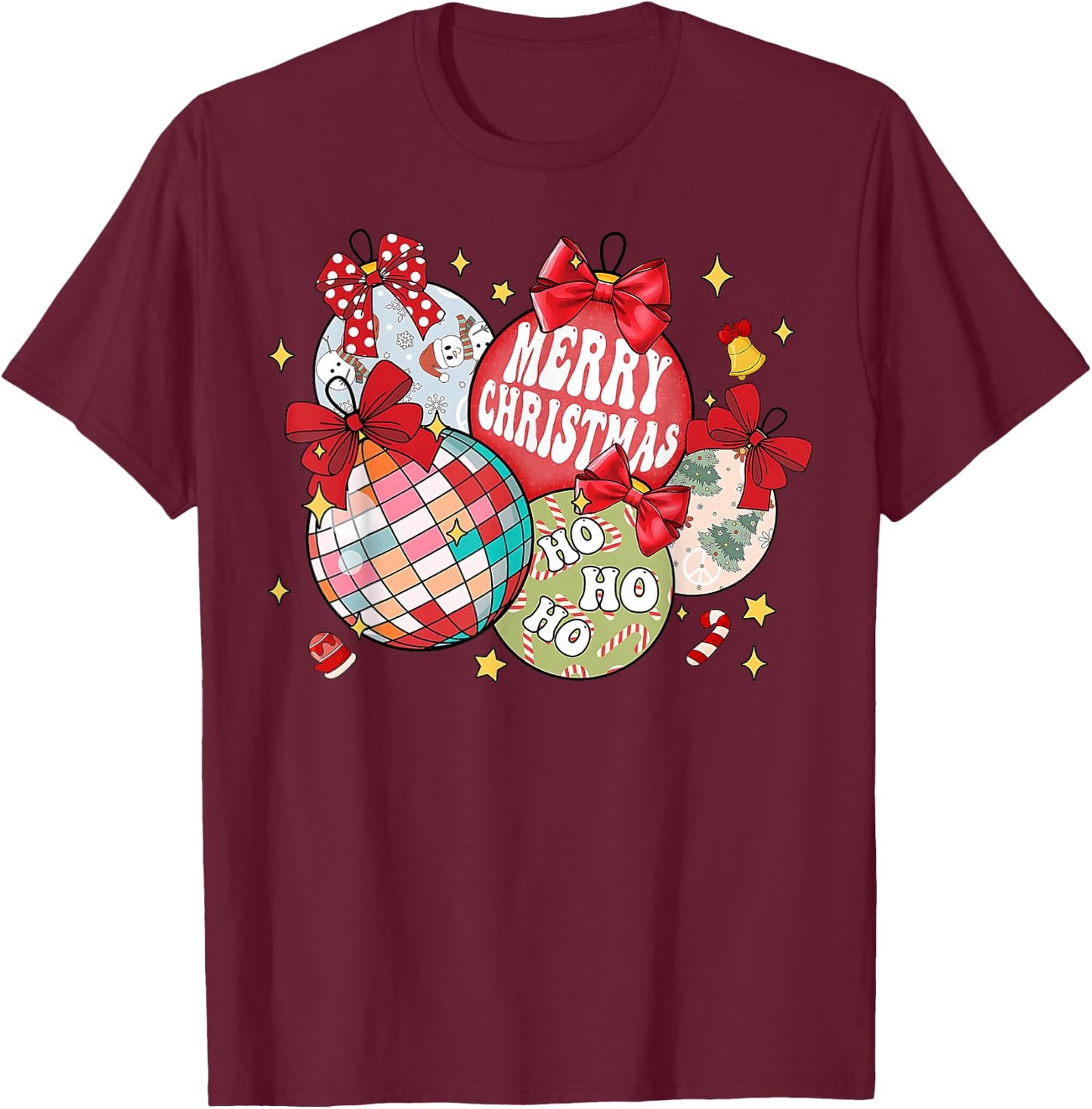 Merry Christmas Ornaments Disco Ball Coquette Bow Xmas Tree T-Shirt - T-Shirt | Maroon