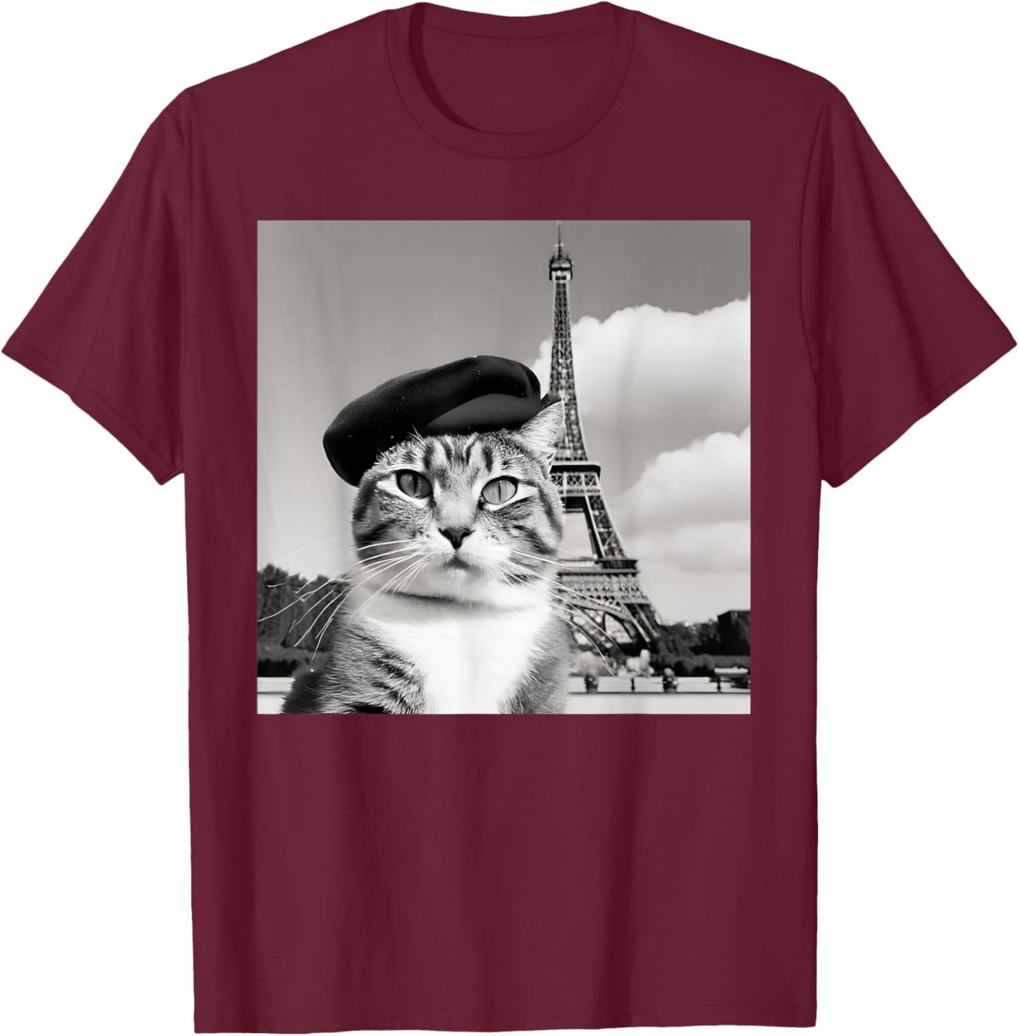 Funny Cat Wearing a Beret at The Eiffel Tower in France T-Shirt - T-Shirt | Maroon