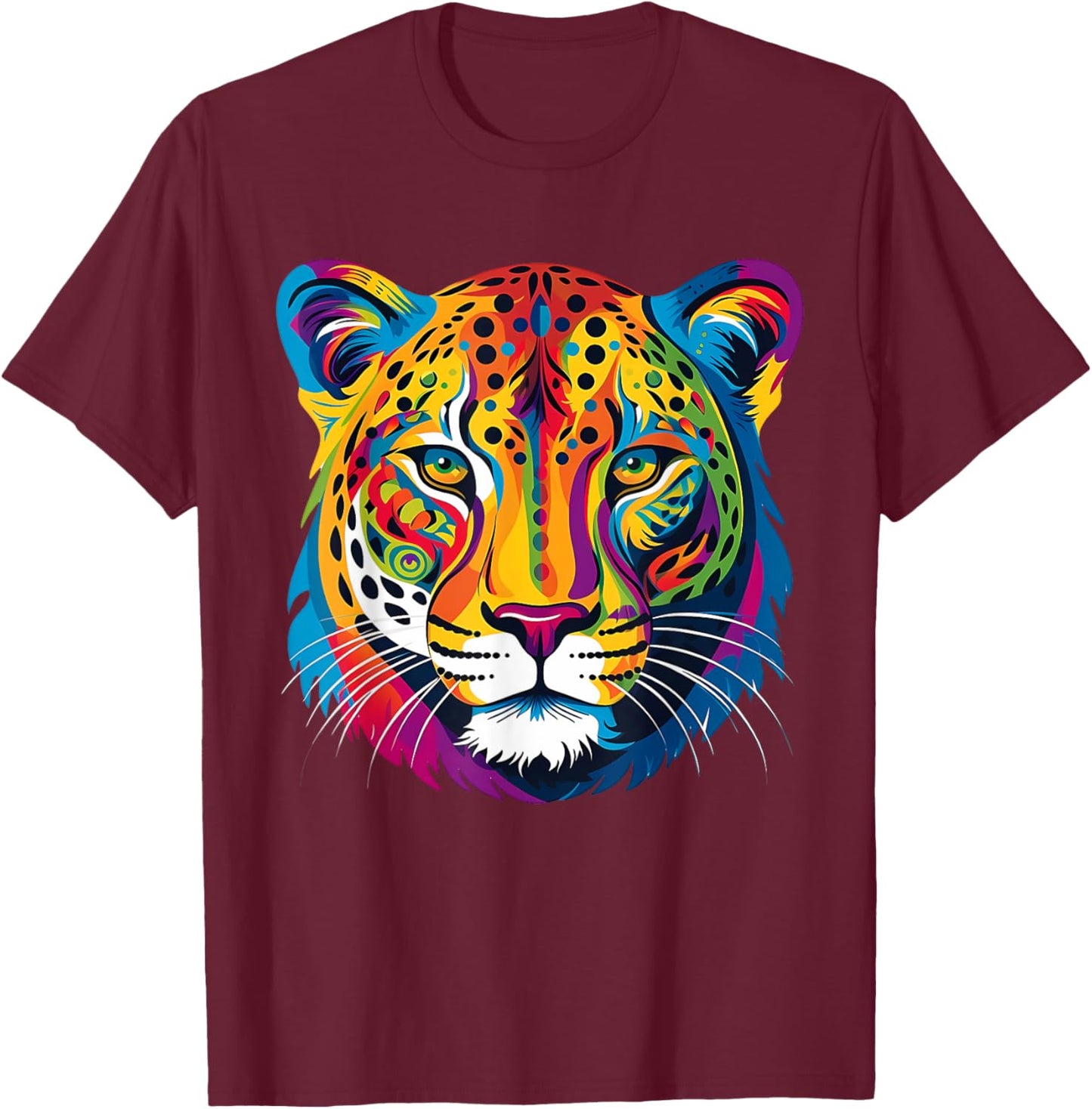 Colorful Cheetah Face Animal Print Big Cat Wildlife Graphic T-Shirt - T-Shirt | Maroon