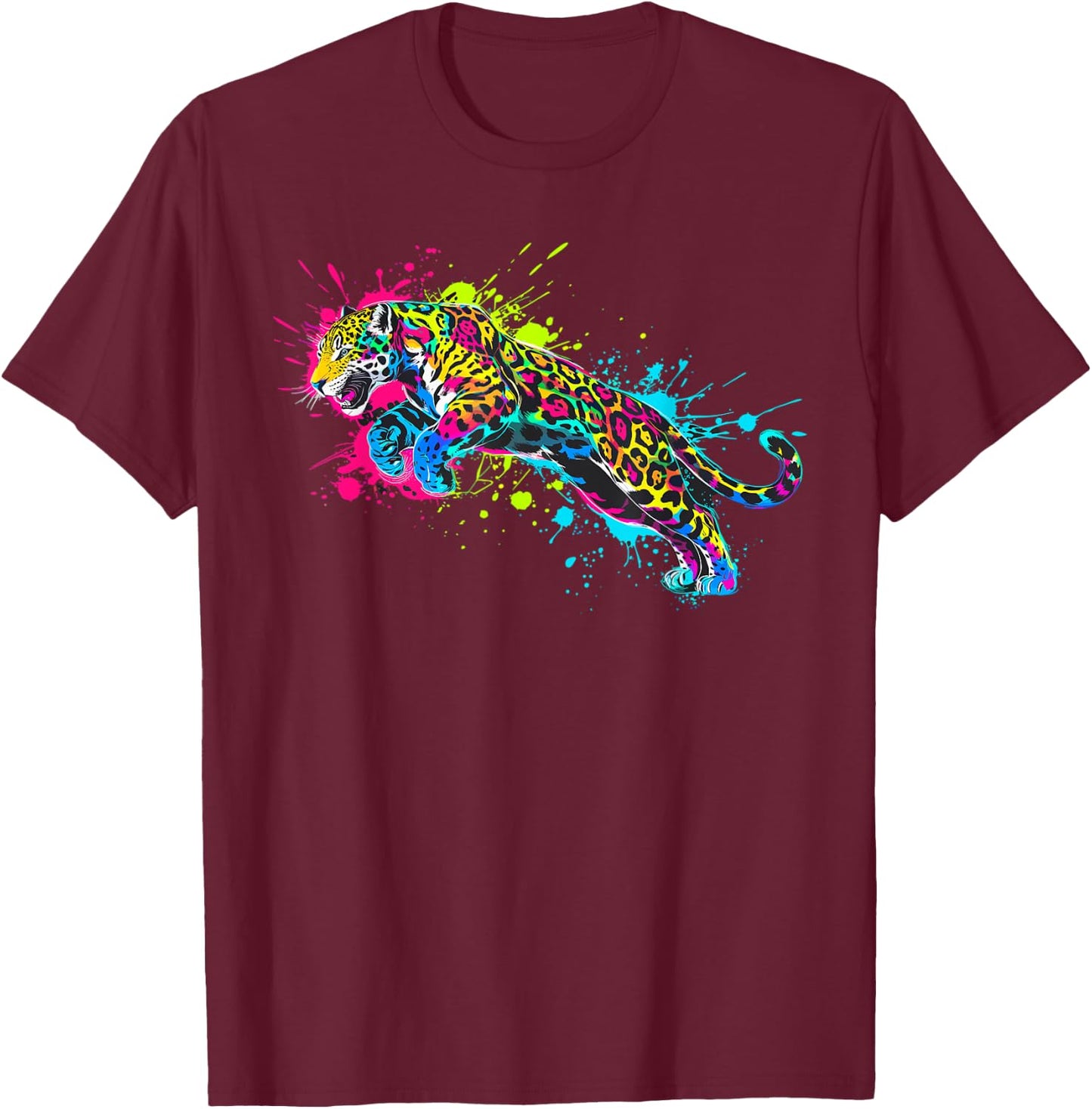 Wild Animal Jaguar with Neon Colors Jungle T-Shirt - T-Shirt | Maroon