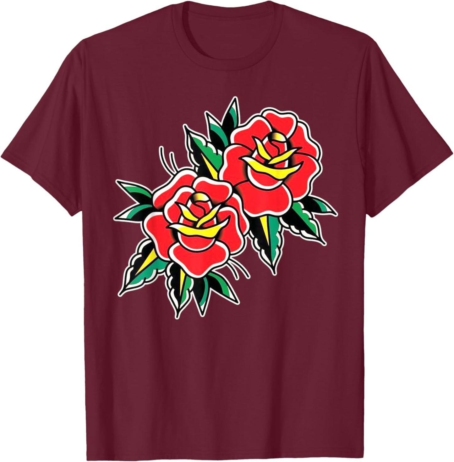 Red Roses Traditional Tattoo Flash T-Shirt - T-Shirt | Maroon
