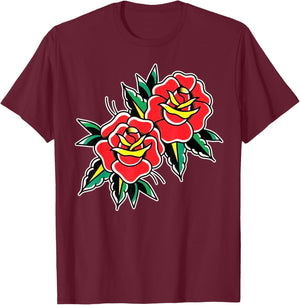 Red Roses Traditional Tattoo Flash T-Shirt - T-Shirt | Maroon