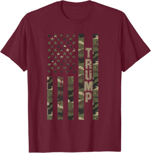 Trump United States Distressed Camo w US Flag T-Shirt - T-Shirt | Maroon