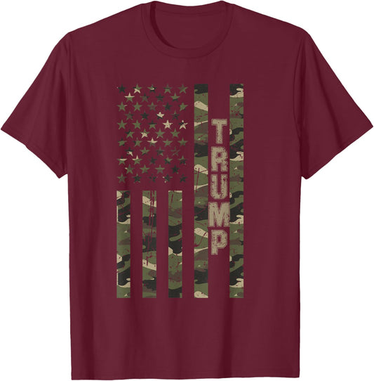 Trump United States Distressed Camo w US Flag T-Shirt - T-Shirt | Maroon