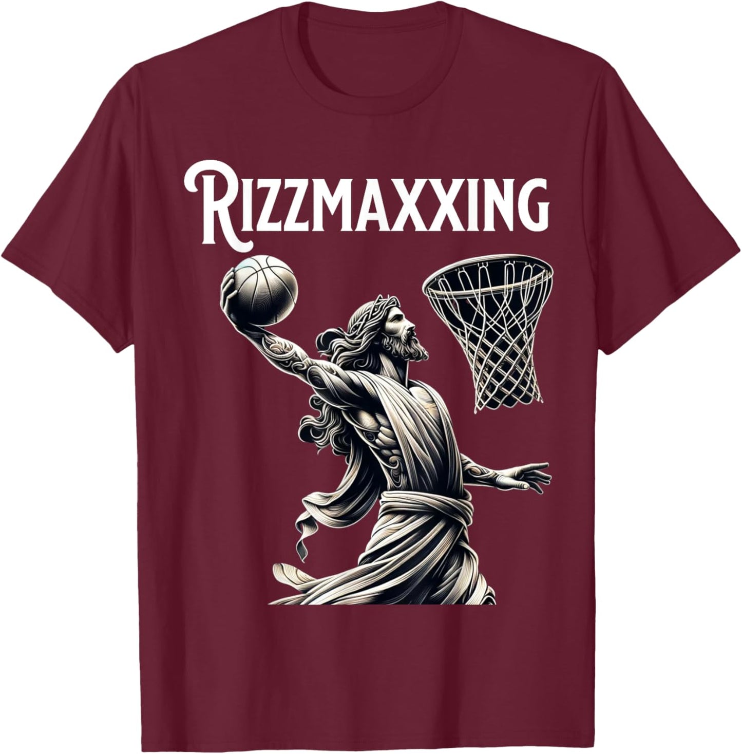 He is Rizzin Jesus Playing Basketball Funny Rizzmaxxing T-Shirt - T-Shirt | Maroon