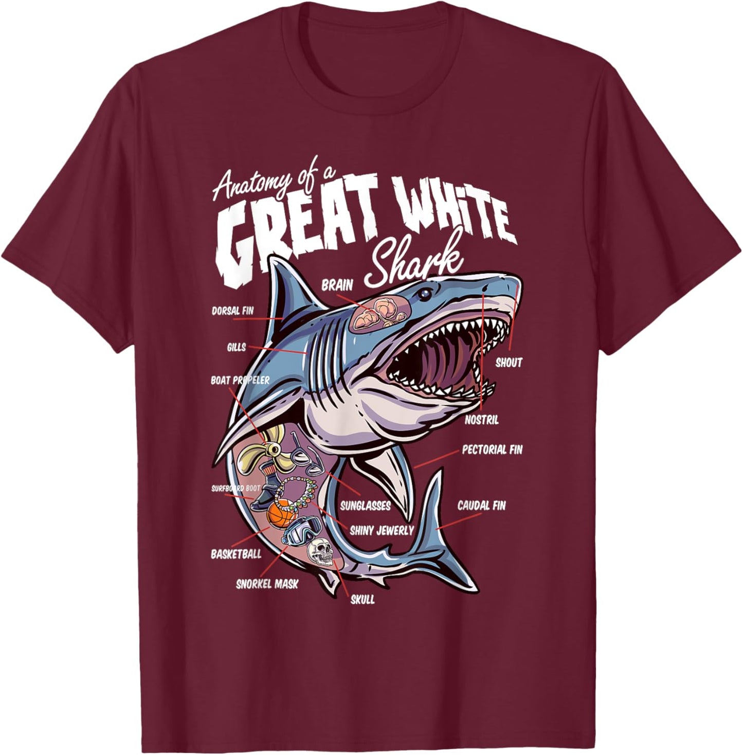 Anatomy of a White Shark Fish Shark Lover Educational T-Shirt - T-Shirt | Maroon