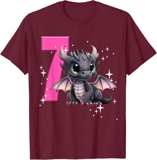 7th Birthday Shirt Dragon Party Birthday Girl Pink 7 Seven T-Shirt - T-Shirt | Maroon