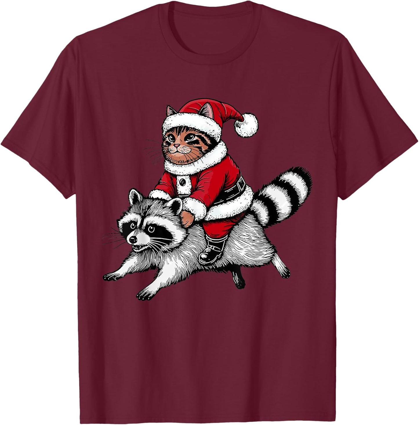 Santa Cat Riding A Raccoon Christmas Men Women Kids T-Shirt - T-Shirt | Maroon