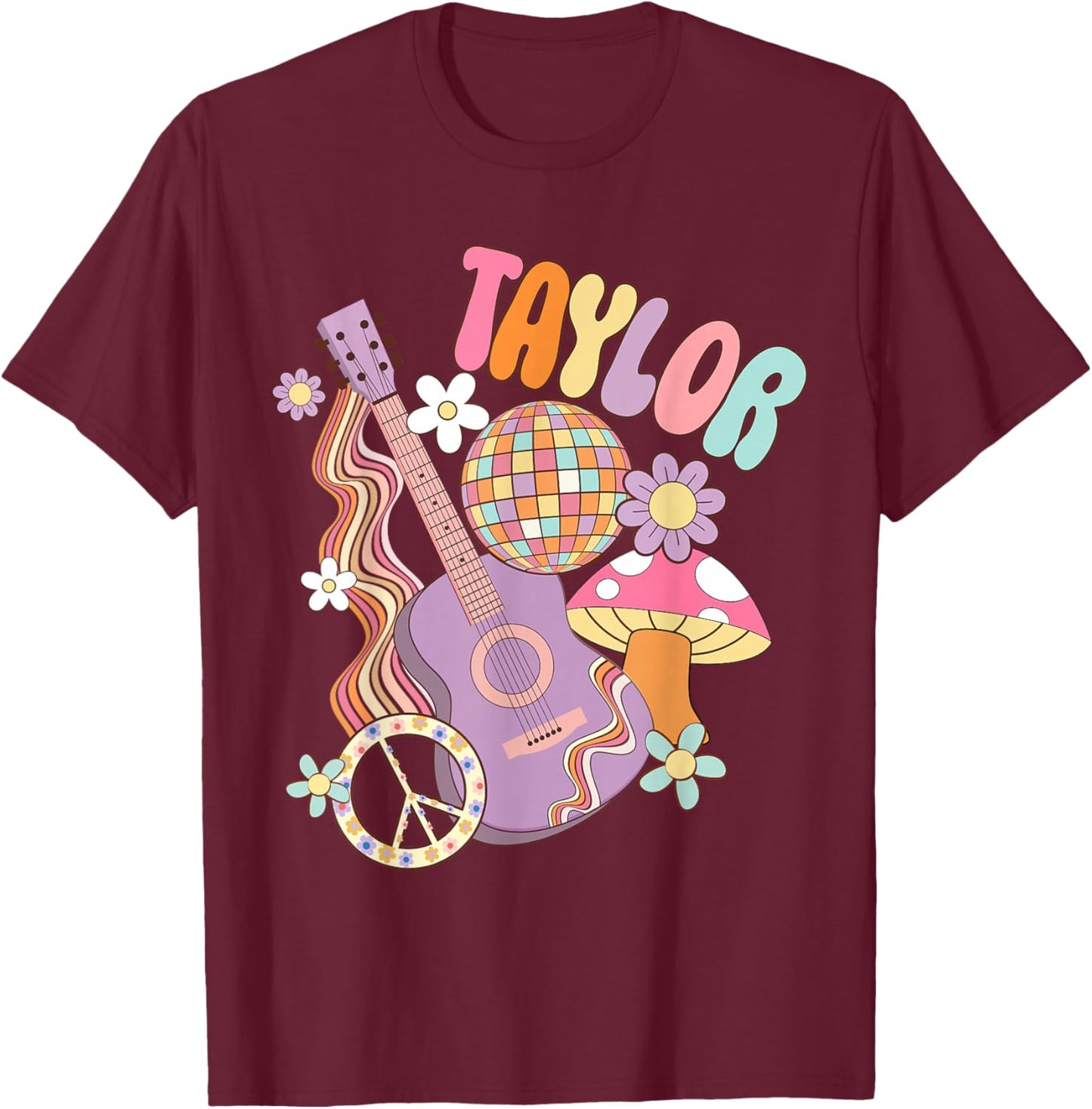 Girl Retro Taylor First Name Personalized Groovy 80's T-Shirt - T-Shirt | Maroon