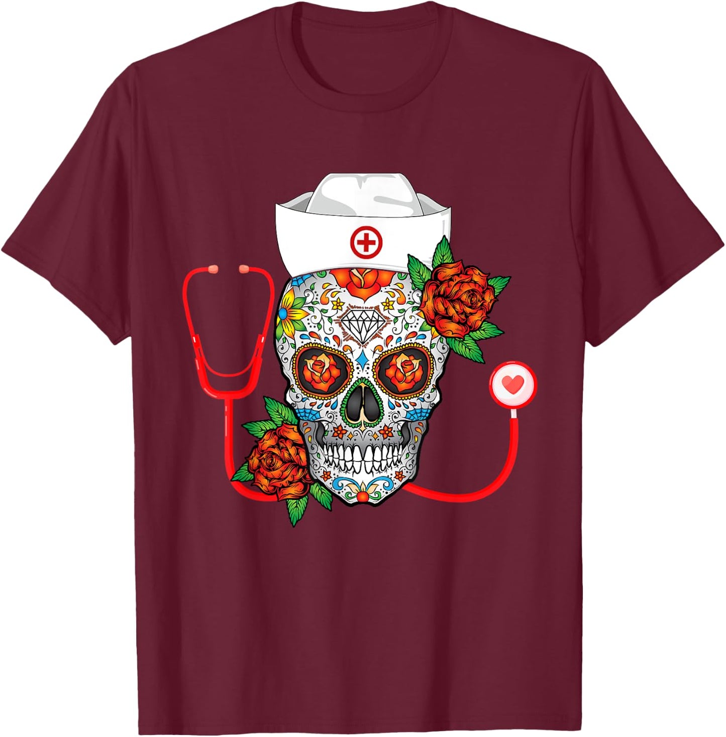Funny Nursing Calavera Dia de Muertos Halloween Day Girls T-Shirt - T-Shirt | Maroon