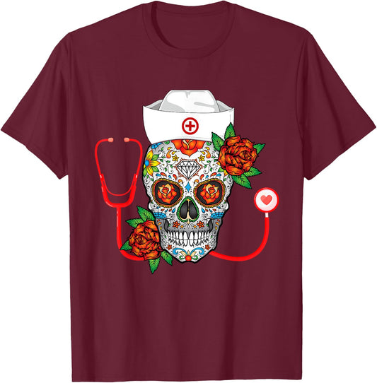 Funny Nursing Calavera Dia de Muertos Halloween Day Girls T-Shirt - T-Shirt | Maroon
