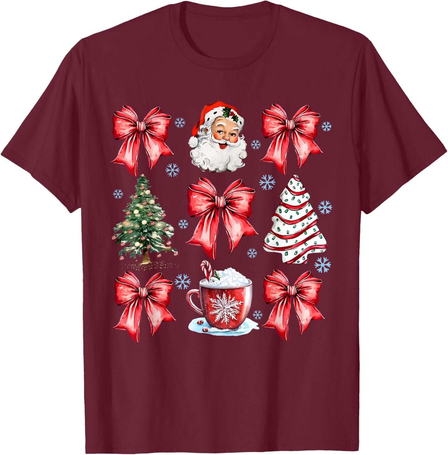 Coquette Bow Santa Christmas Tree Cake Candy Cane Girly Xmas T-Shirt - T-Shirt | Maroon
