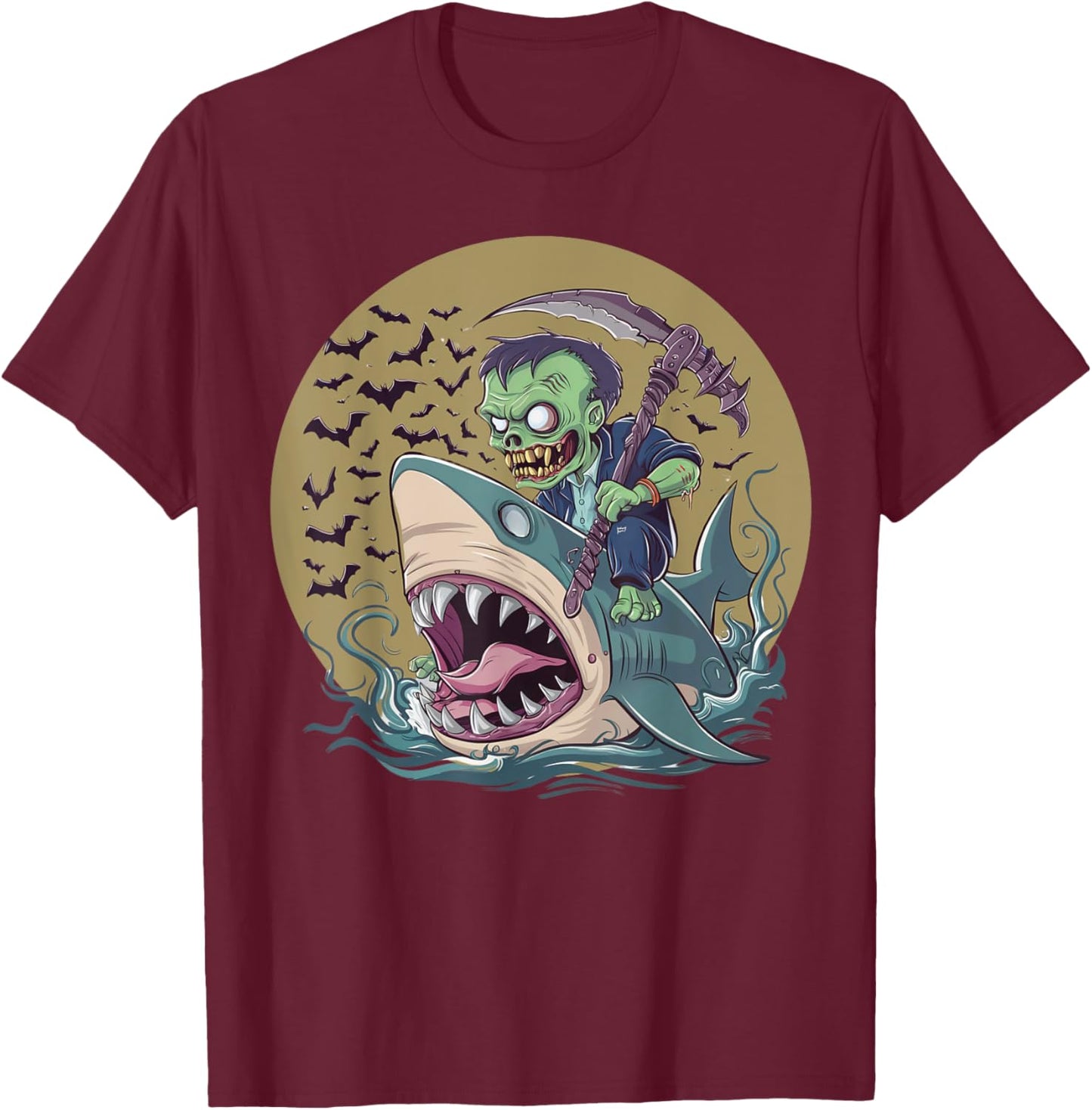 Funny Halloween Zombie Riding Shark Men Women Kid Girls Boys T-Shirt - T-Shirt | Maroon