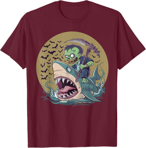 Funny Halloween Zombie Riding Shark Men Women Kid Girls Boys T-Shirt - T-Shirt | Maroon