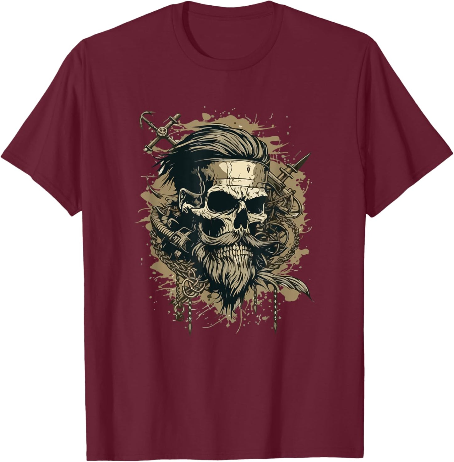 Skull Beard Undercut Pirate Vintage Captain Skeleton Biker T-Shirt - T-Shirt | Maroon