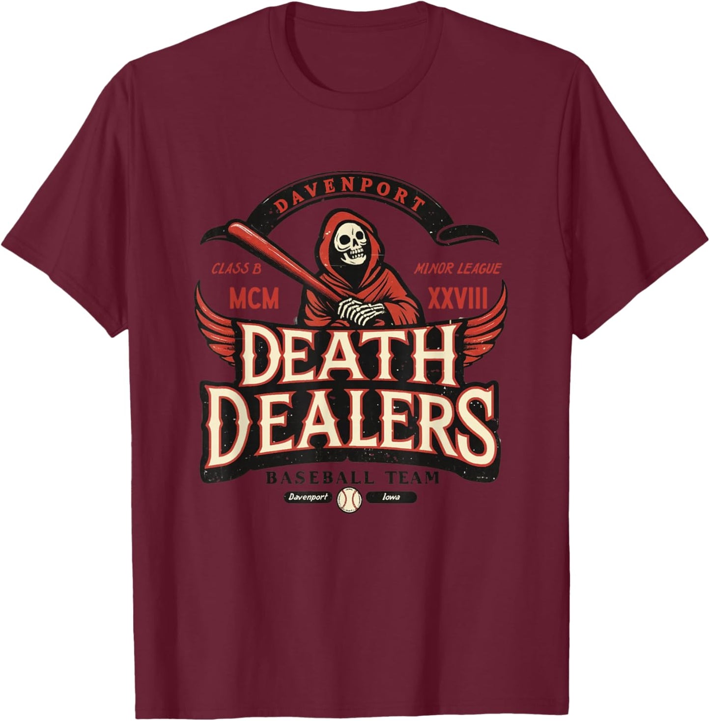 Davenport Death Dealers Retro Minor League Baseball Team T-Shirt - T-Shirt | Maroon