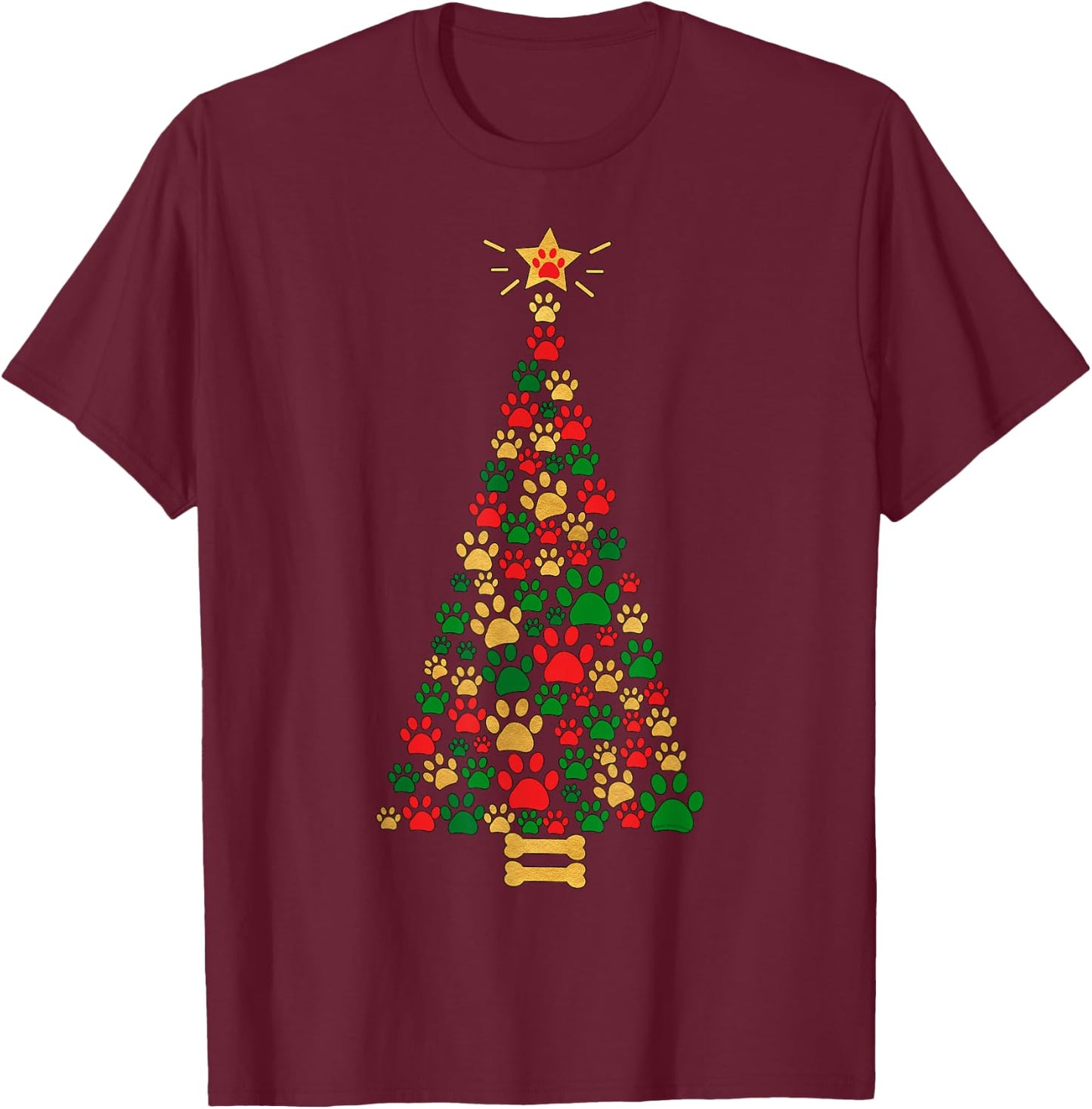 Dog Lovers Cute and Funny Dog Paws Prints Tree Christmas T-Shirt - T-Shirt | Maroon