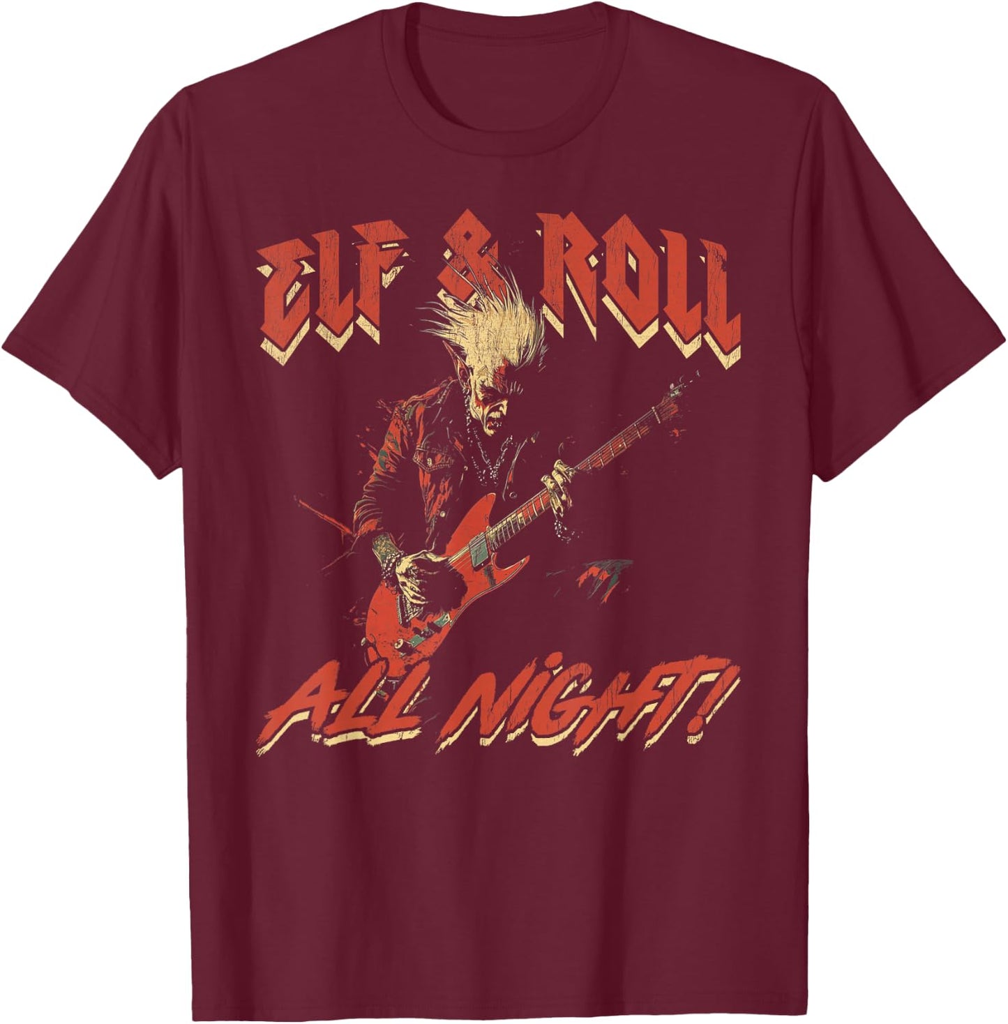 Elf & Roll All Night Rockin' Christmas Elf Music T-Shirt - T-Shirt | Maroon