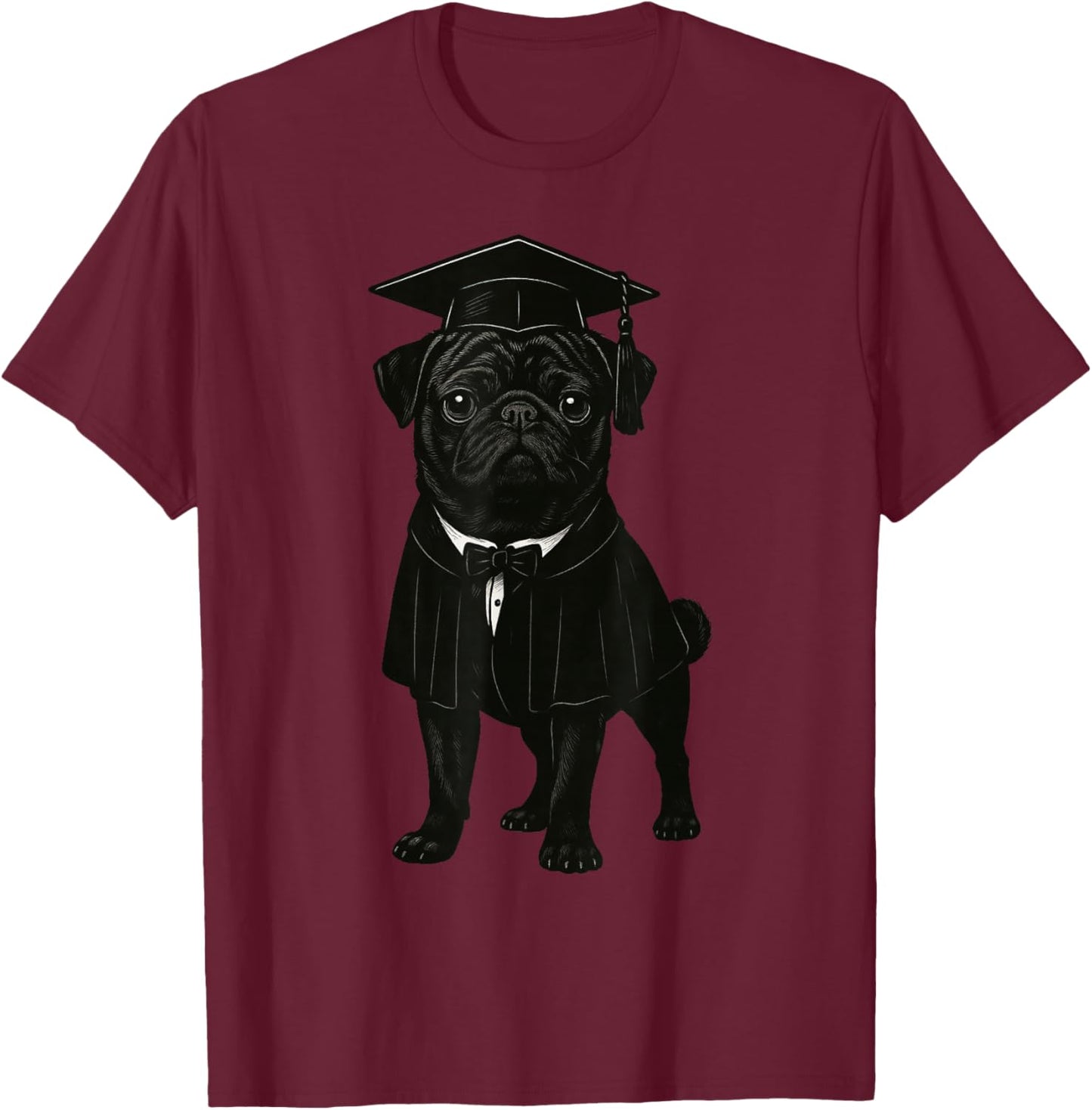 Cute Dog Black Pug Graduation T-Shirt - T-Shirt | Maroon