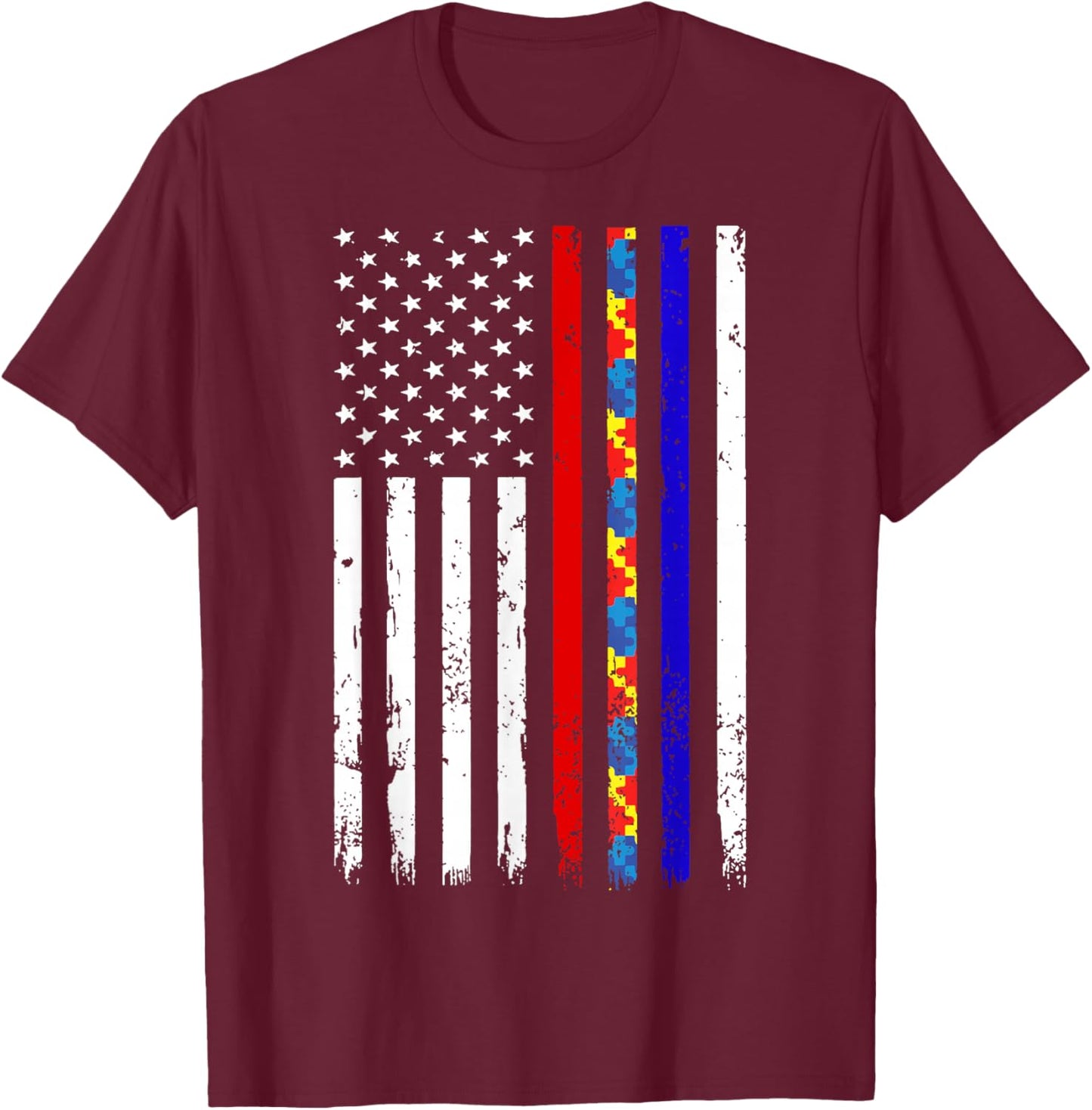 Thin Red Blue Line Police Firefighter Autism Awareness Gifts T-Shirt - T-Shirt | Maroon