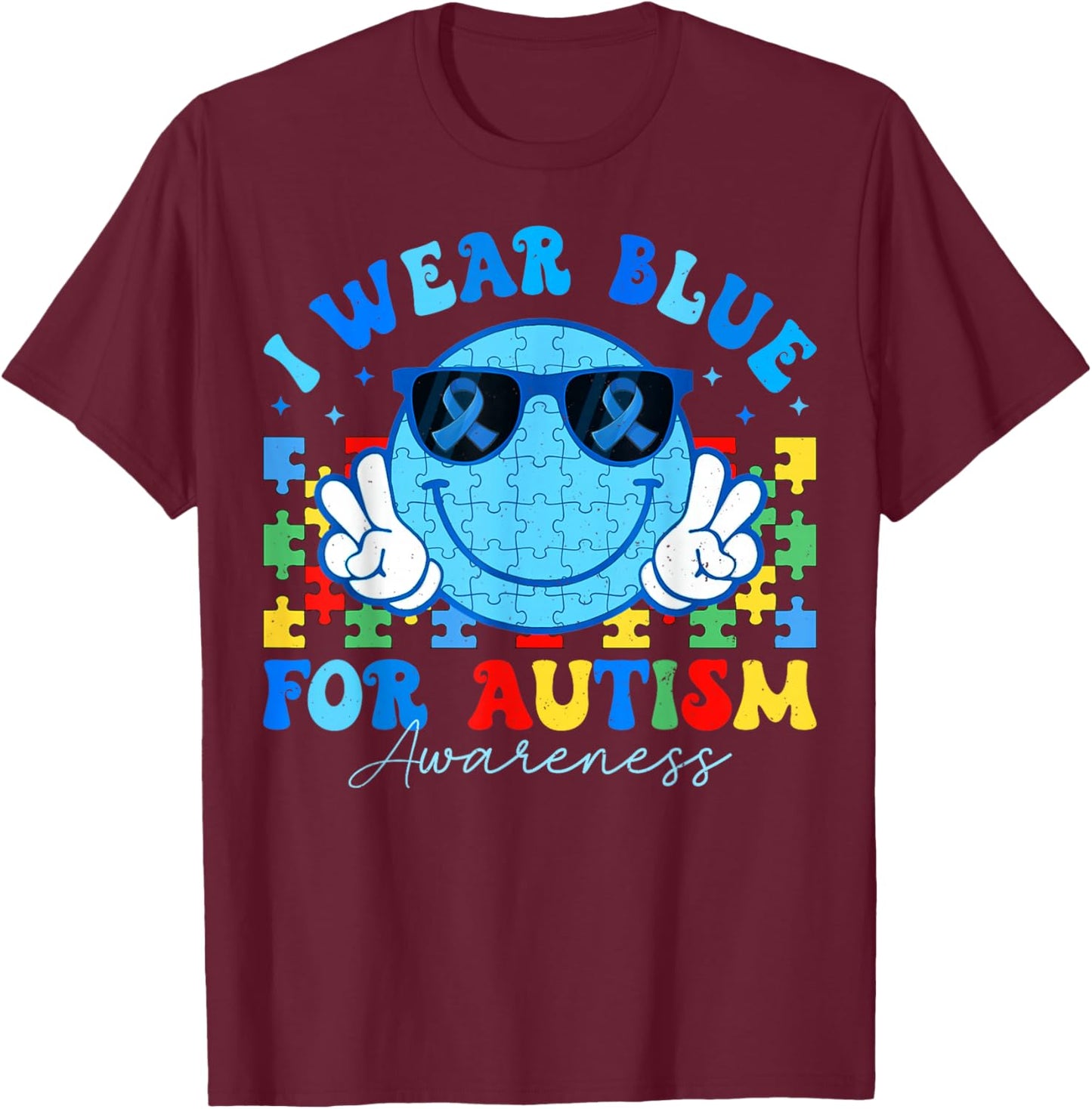 I Wear Blue For Autism Awareness Month Teacher Kids Boys T-Shirt - T-Shirt | Maroon