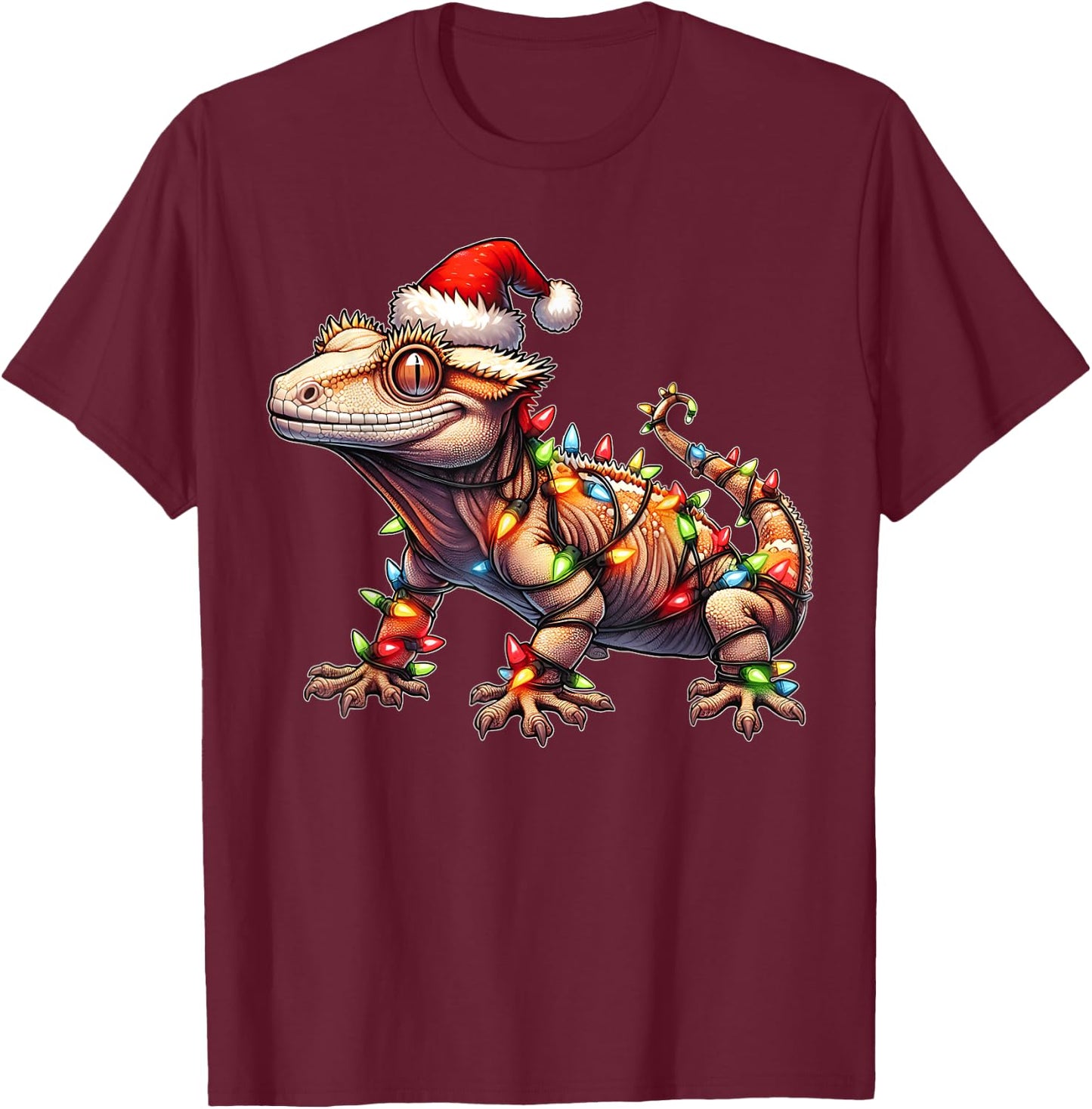 Crested Gecko Lizard Christmas Xmas - -Adult, Black, Small, Short Sleeve T-Shirt - T-Shirt | Maroon
