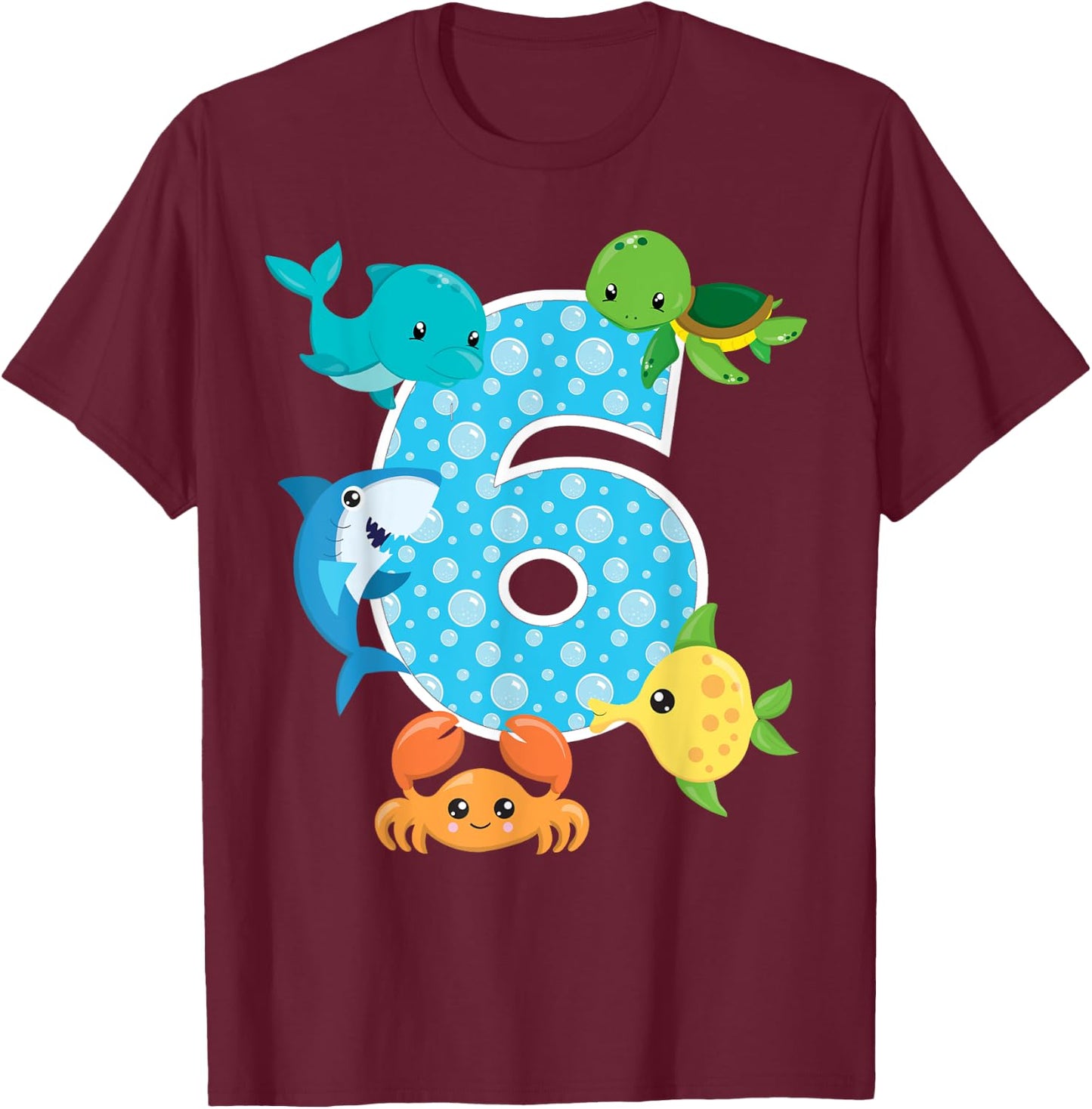 6th Birthday Party 6 Year Old Sea Fish Aquarium Birthday Boy T-Shirt - T-Shirt | Maroon