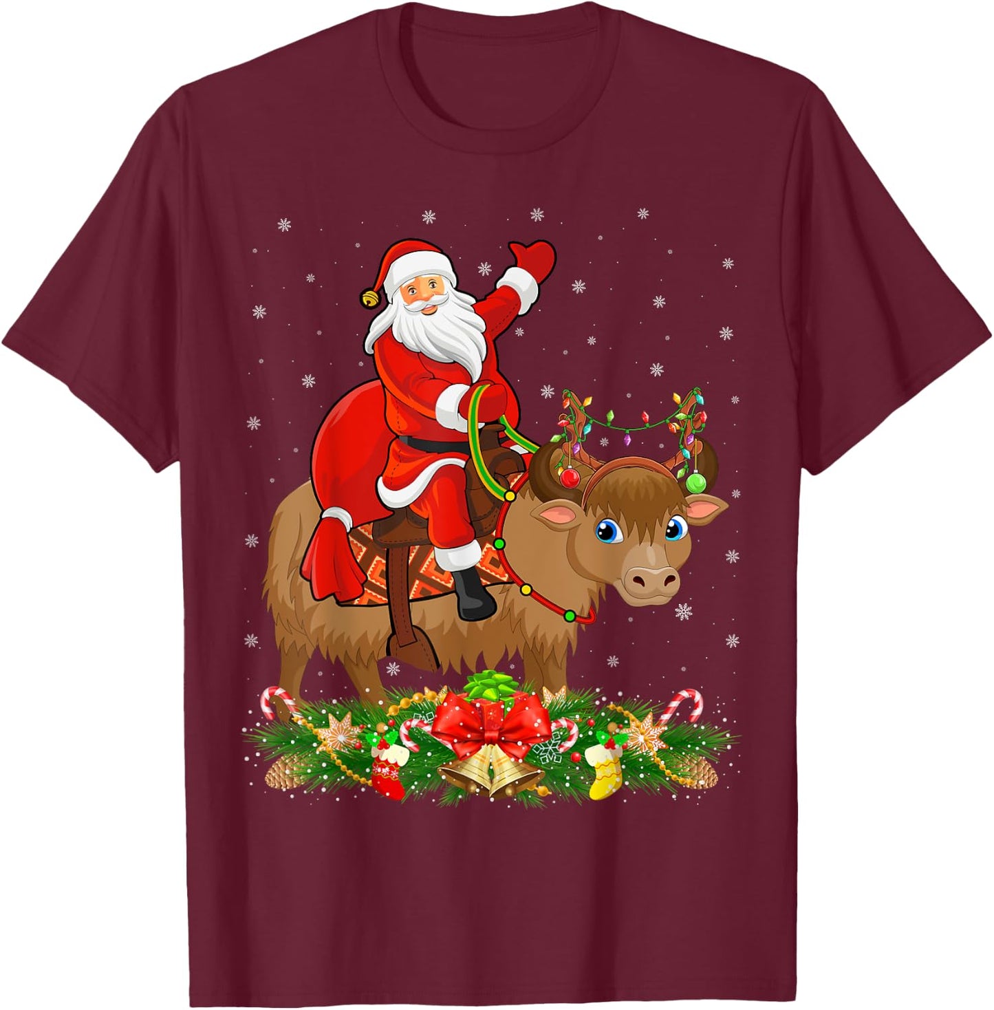 Xmas Decor Lights Funny Santa Riding Yak Christmas T-Shirt - T-Shirt | Maroon