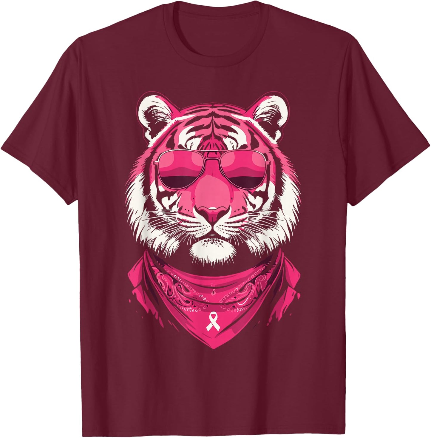 Pink Tiger with Sunglasses Bandana Breast Cancer Awareness T-Shirt - T-Shirt | Maroon
