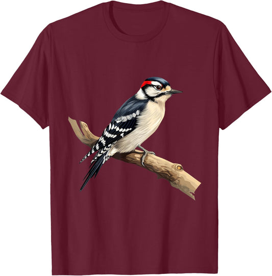 I Like Birds Apparel Downy Woodpecker Bird Lover - -Adults, Kids - Black - Short Sleeve - Classic Fit - Medium - US Size 6 T-Shirt - T-Shirt | Maroon